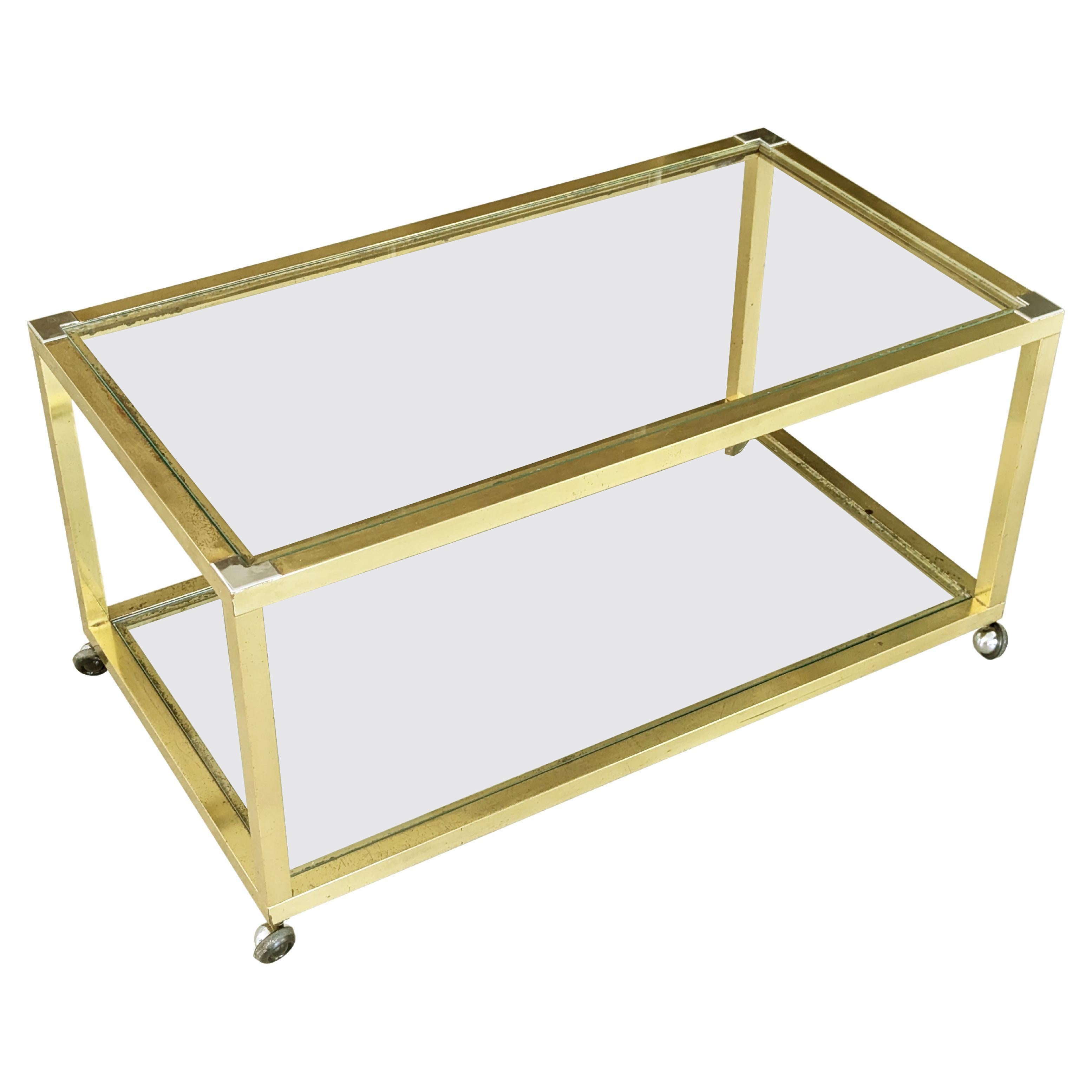 Italian Brass, Chrome Plated Metal and Glass 1970s wheeled coffe/side table