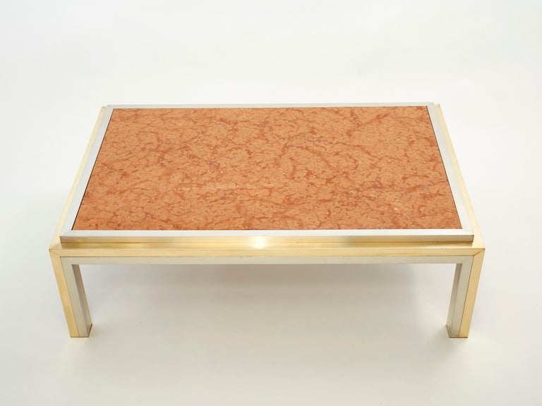 Italian Brass Chrome Red Marble Coffee Table Romeo Rega, 1970s For Sale