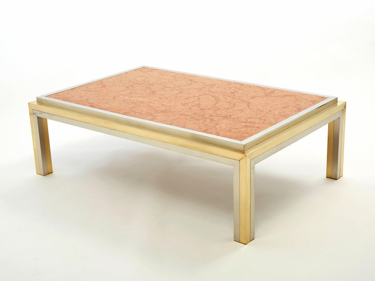 Italian Brass Chrome Red Marble Coffee Table Romeo Rega, 1970s For Sale