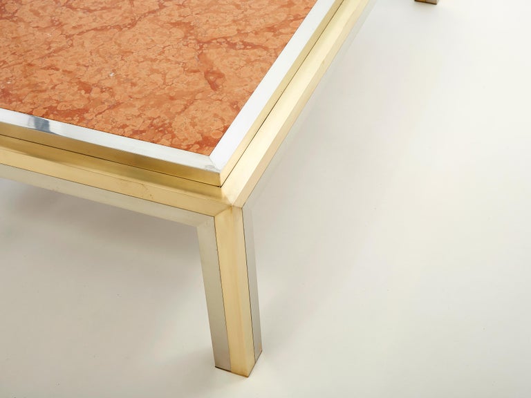 Italian Brass Chrome Red Marble Coffee Table Romeo Rega, 1970s For Sale