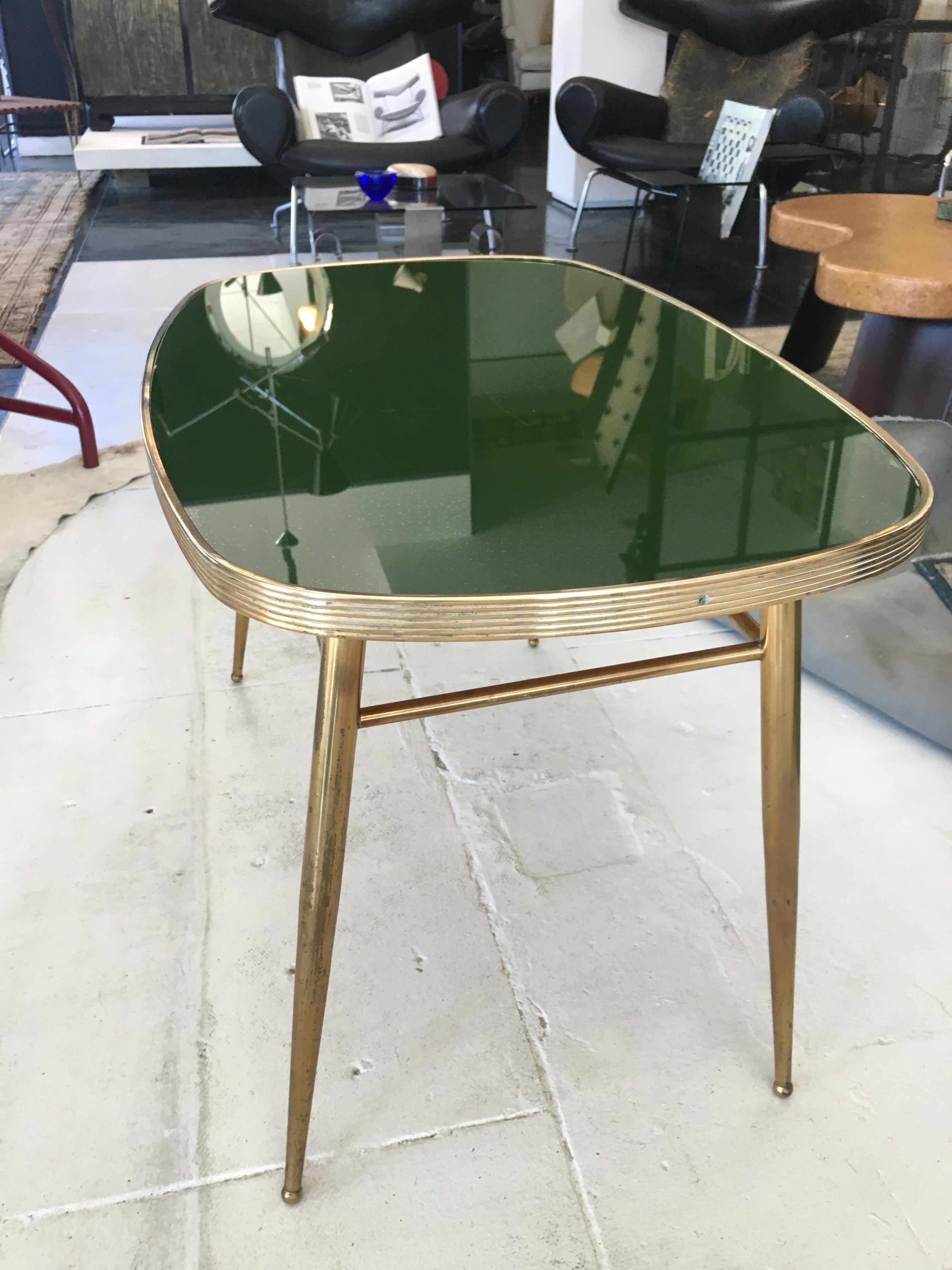 Italian brass coffee or side table with beautiful emerald green glass top.
