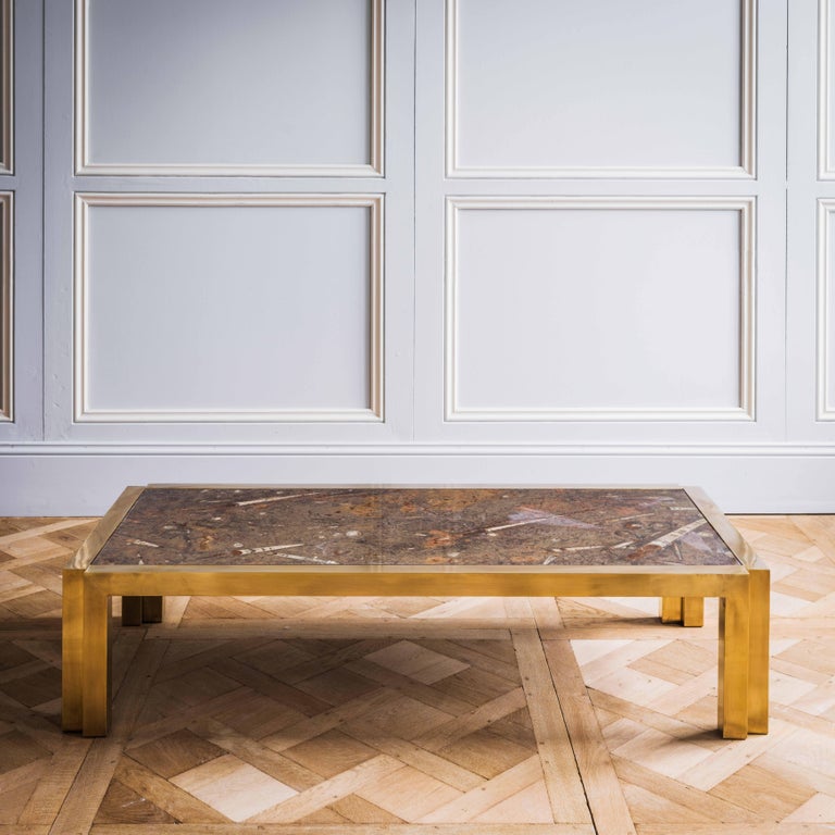Italian Brass Coffee Table with Fossil Marble at 1stDibs