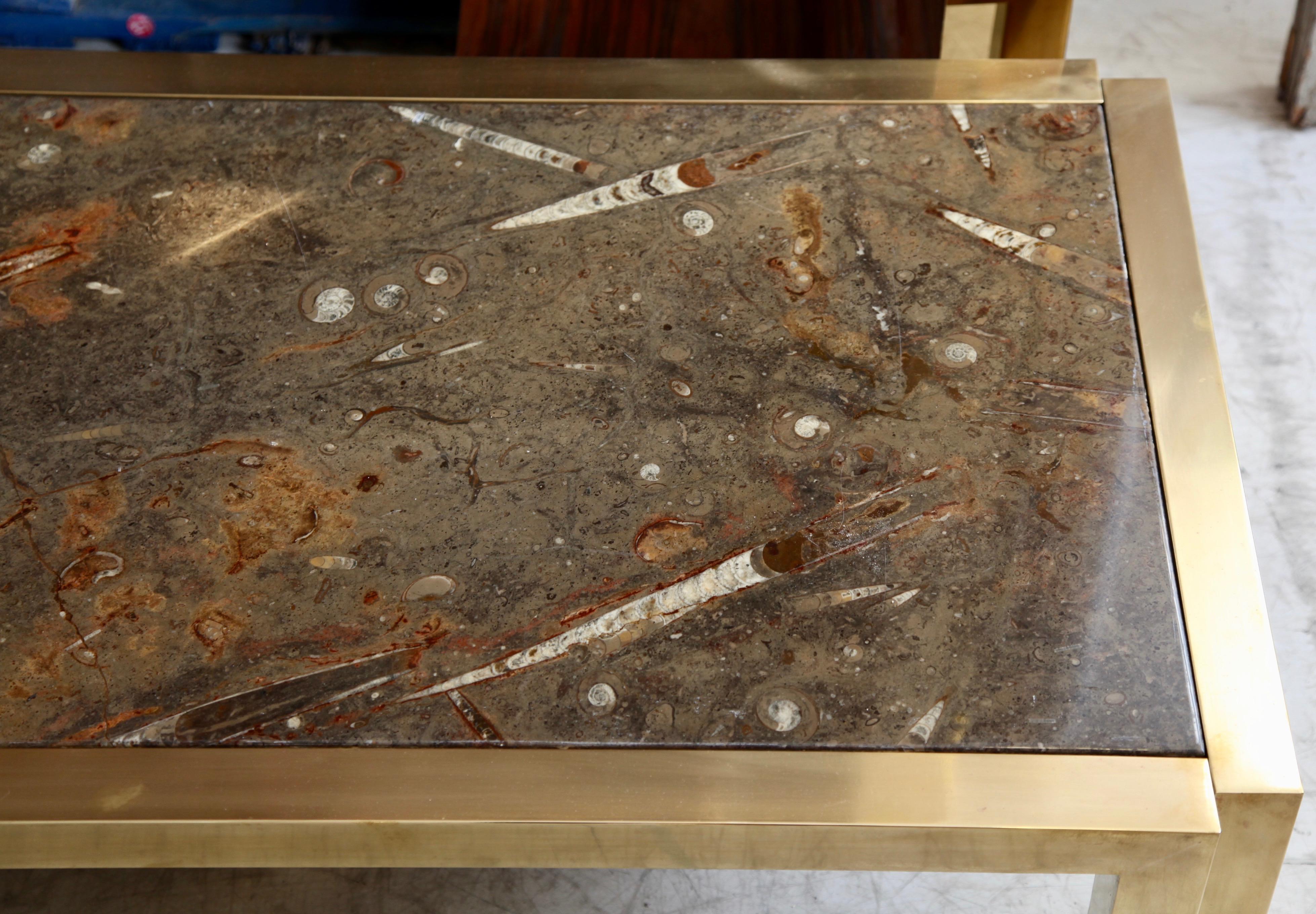 Mid-Century Modern Italian Brass Coffee Table with Fossil Marble
