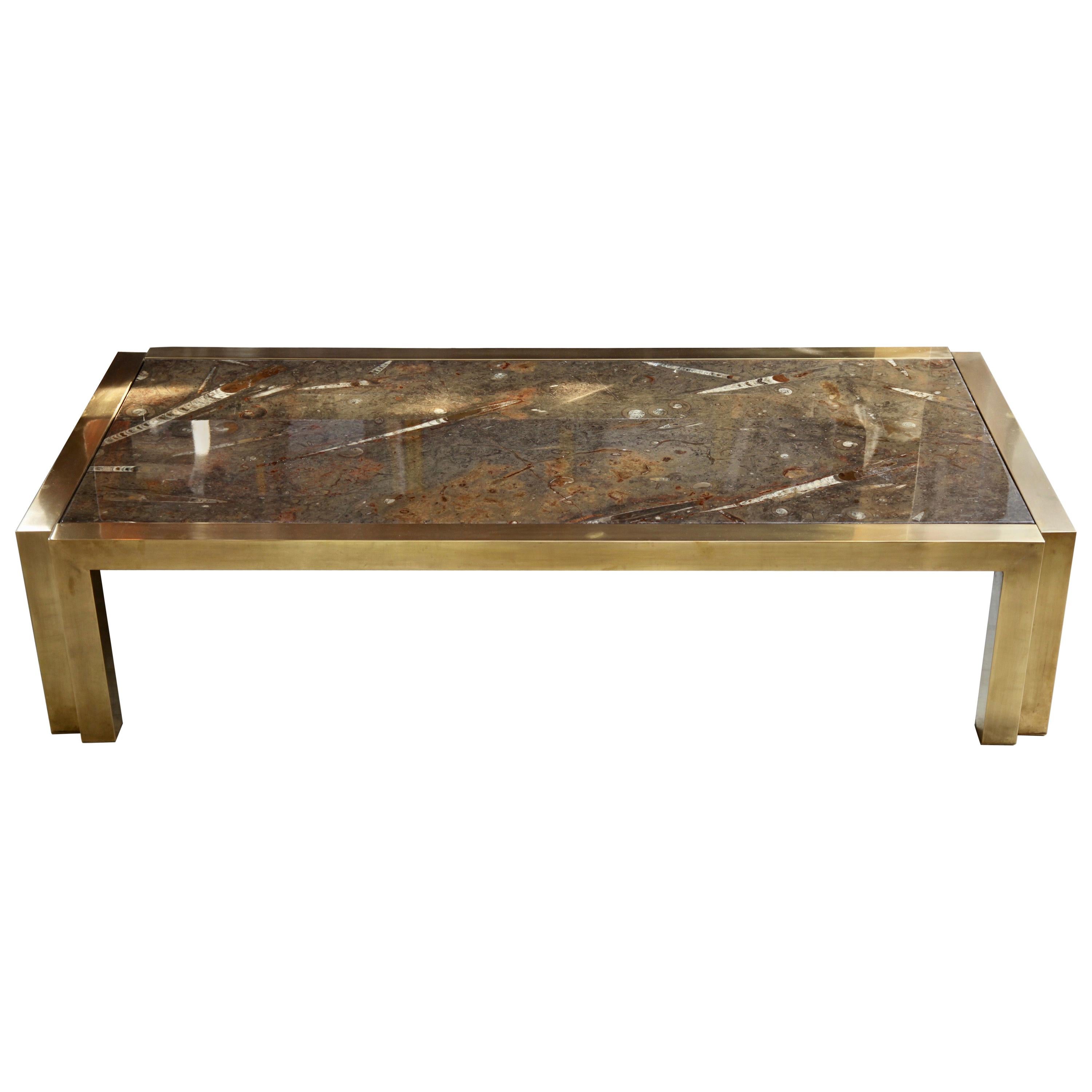 Italian Brass Coffee Table with Fossil Marble