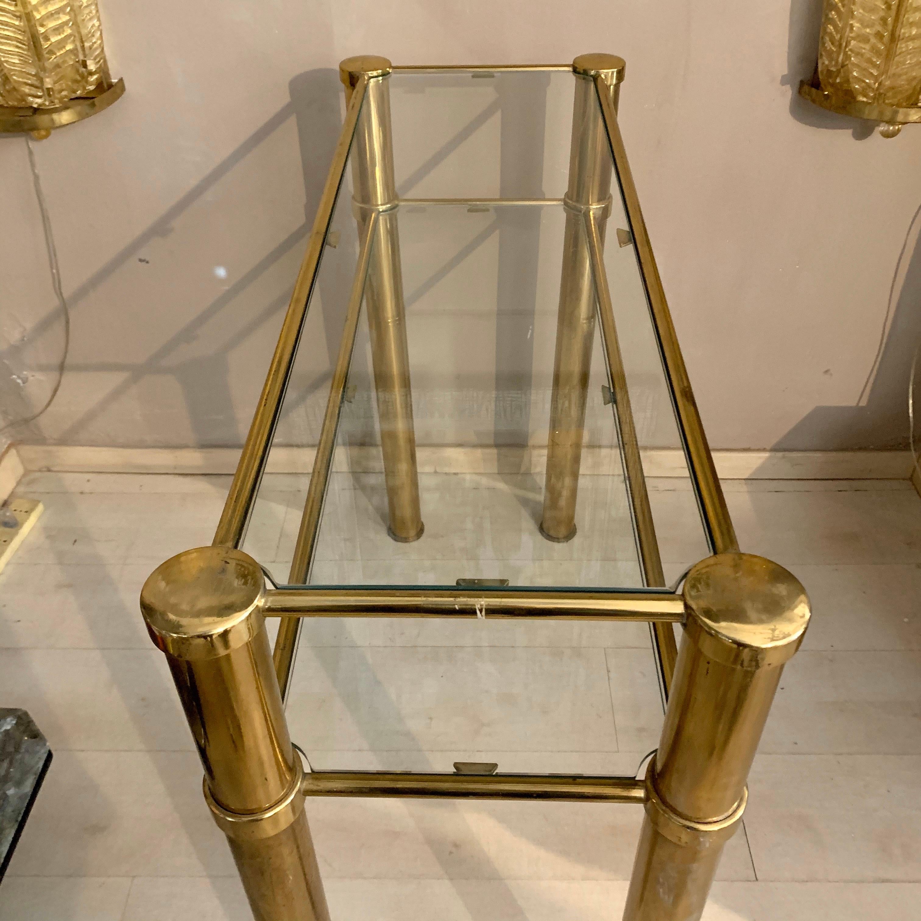 Italian Brass Console with Double Crystal Shelves, 1970 6