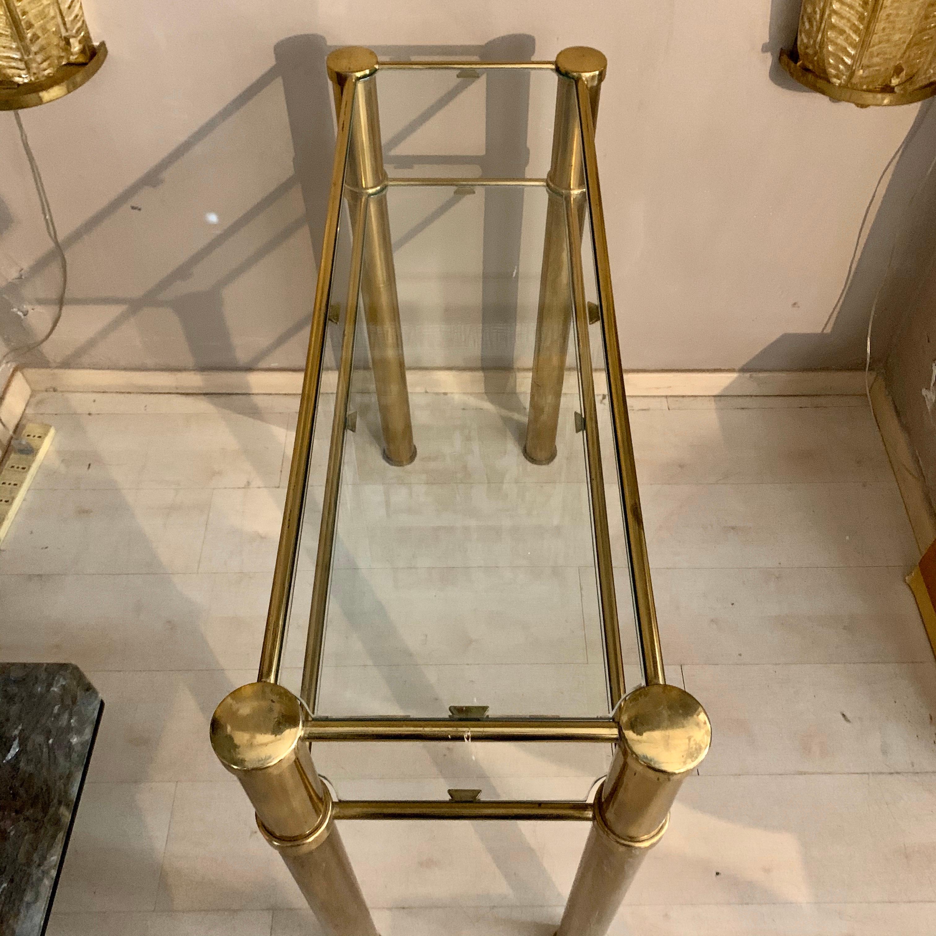 Italian Brass Console with Double Crystal Shelves, 1970 7