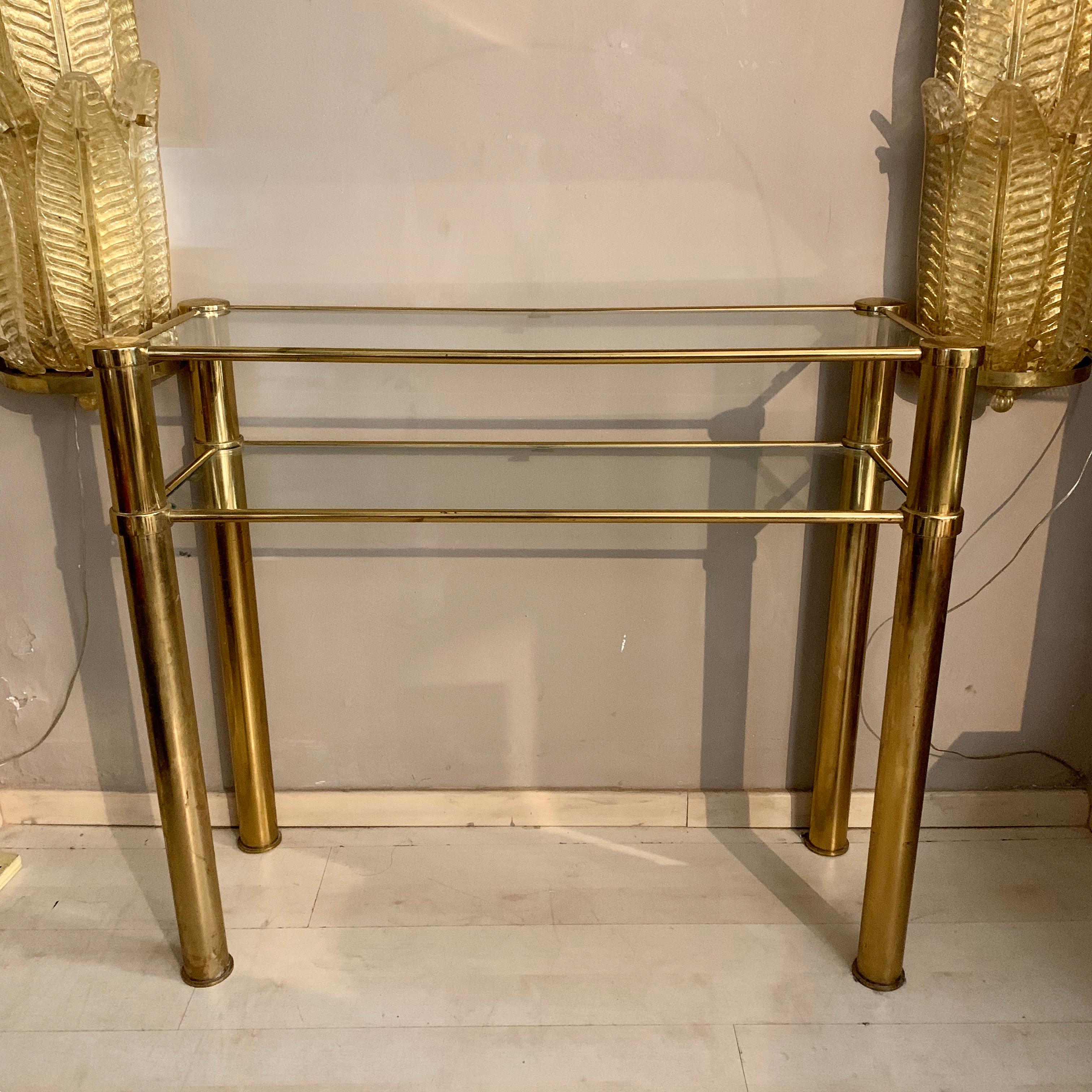 Mid-Century Modern Italian Brass Console with Double Crystal Shelves, 1970