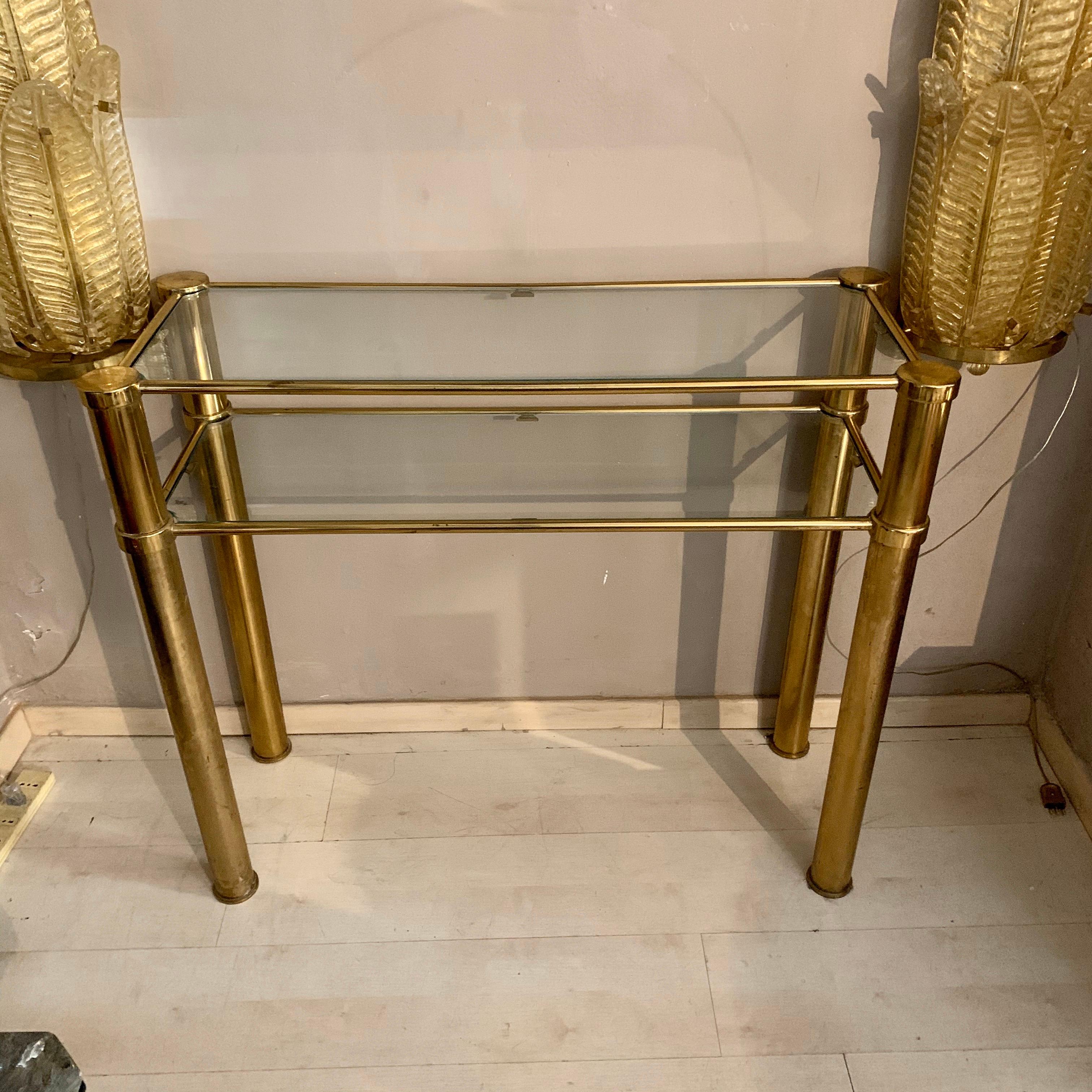 Italian Brass Console with Double Crystal Shelves, 1970 In Good Condition In Florence, IT