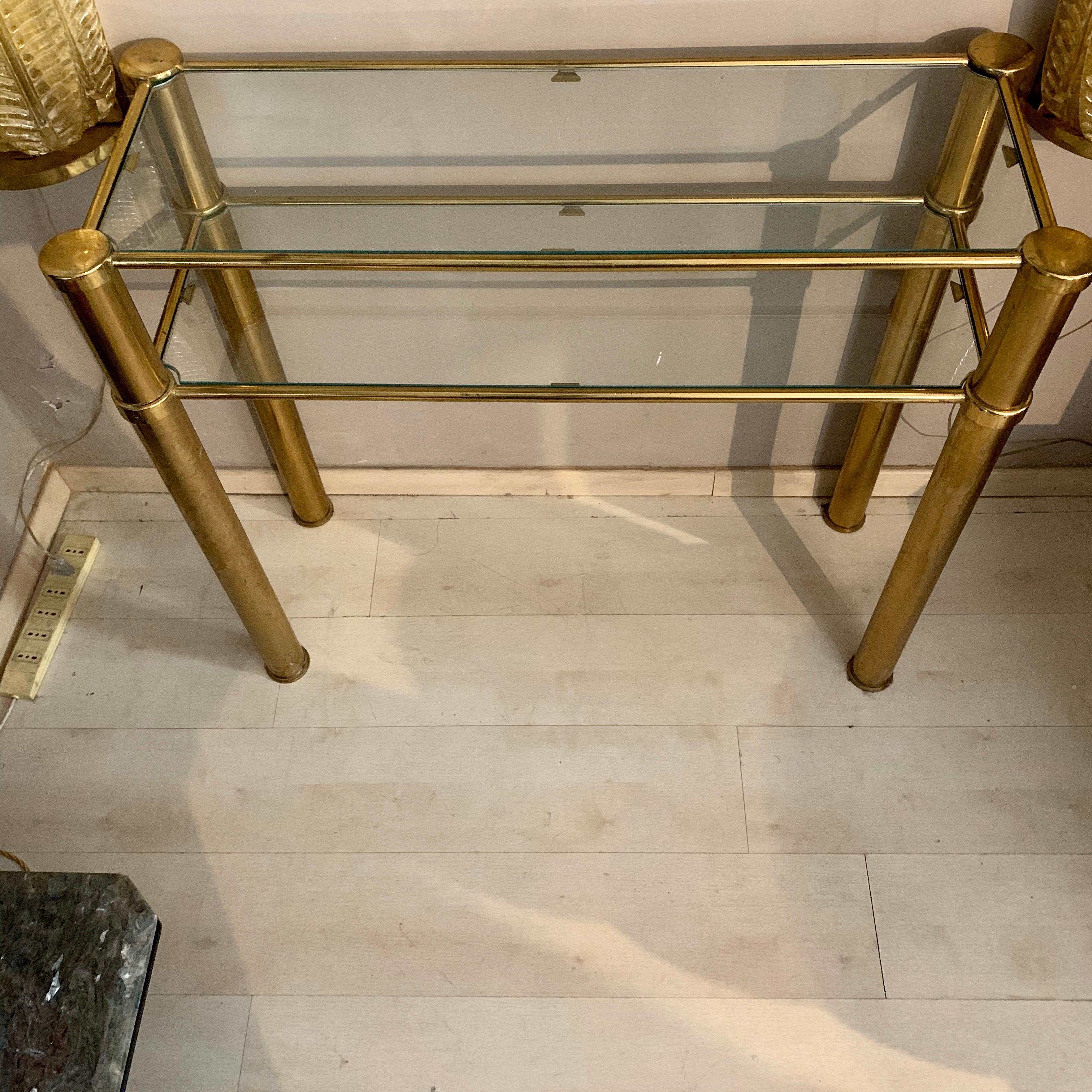 Late 20th Century Italian Brass Console with Double Crystal Shelves, 1970