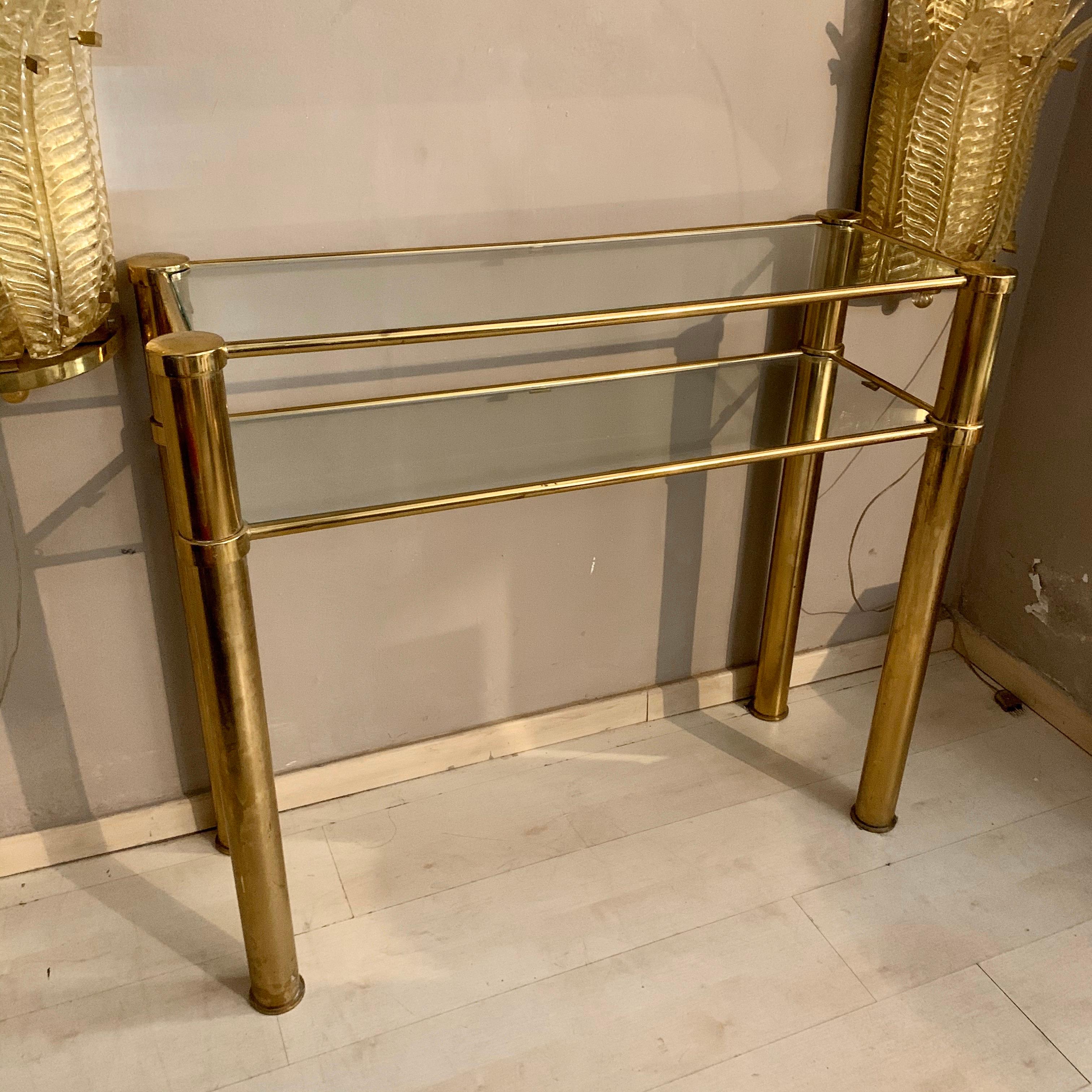Italian Brass Console with Double Crystal Shelves, 1970 1