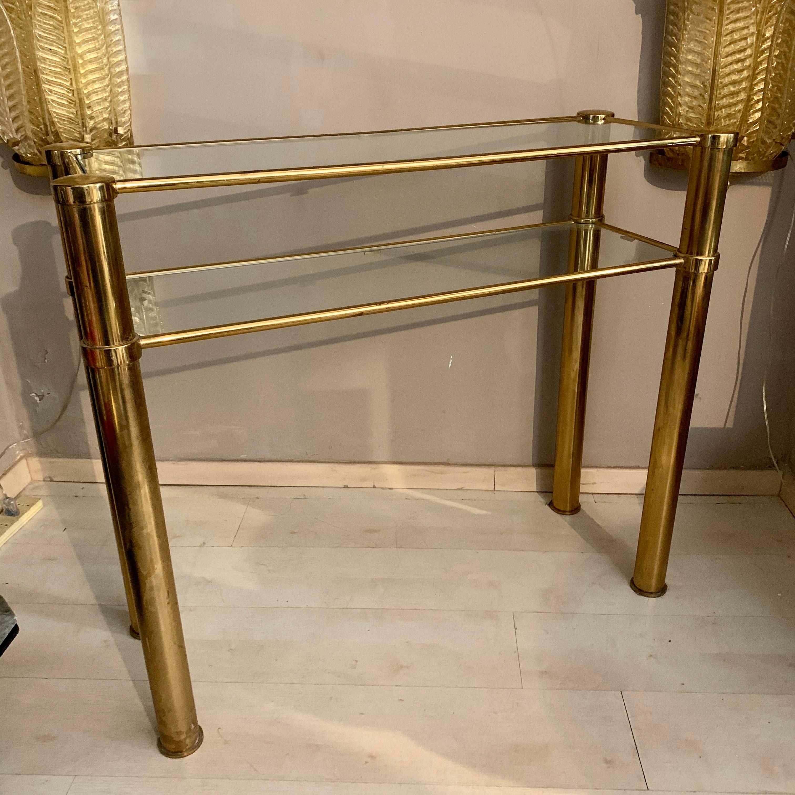 Italian Brass Console with Double Crystal Shelves, 1970 3