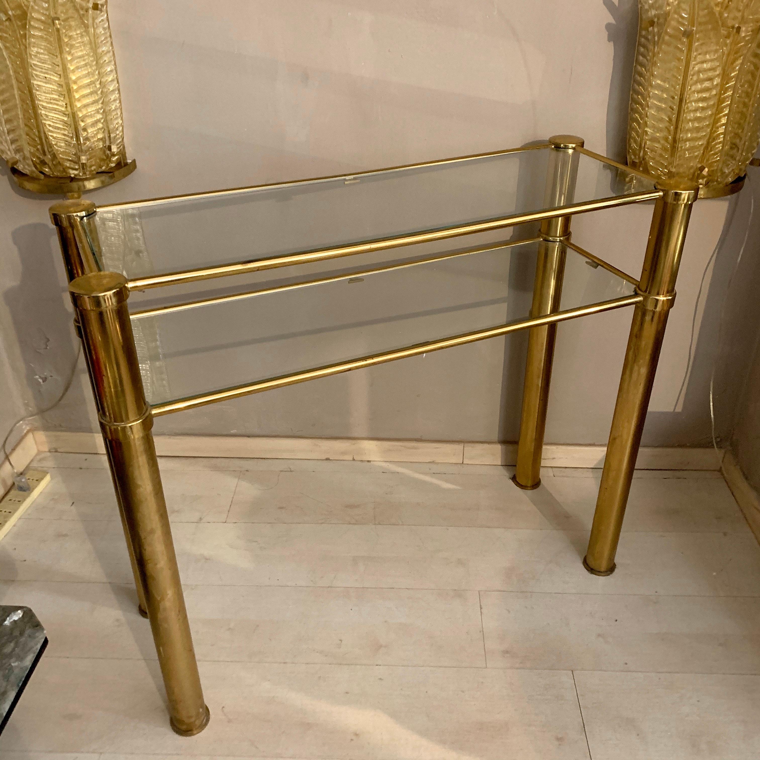 Italian Brass Console with Double Crystal Shelves, 1970 4