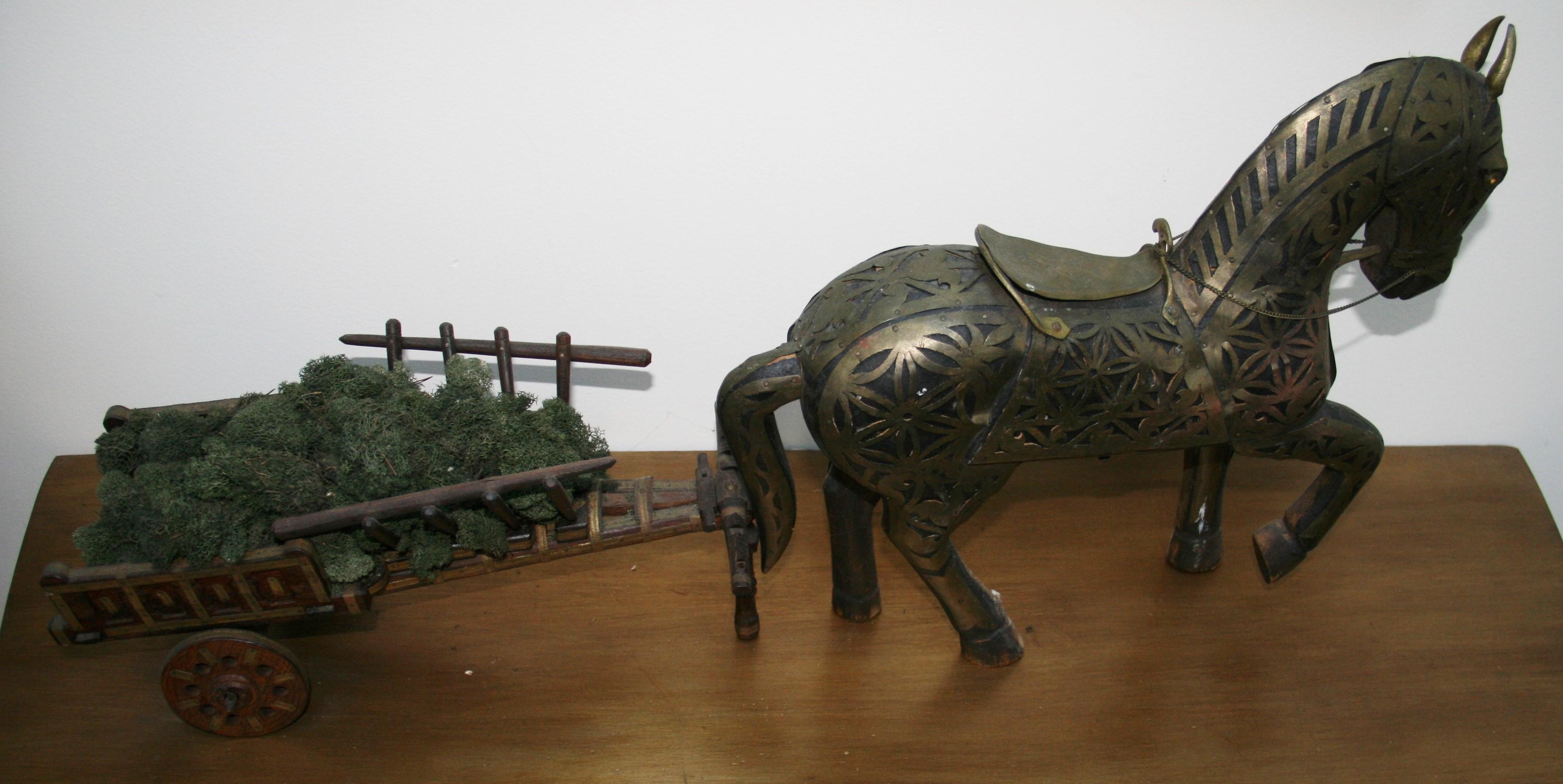 Italian Brass Covered Wood Horse and Cart For Sale 1