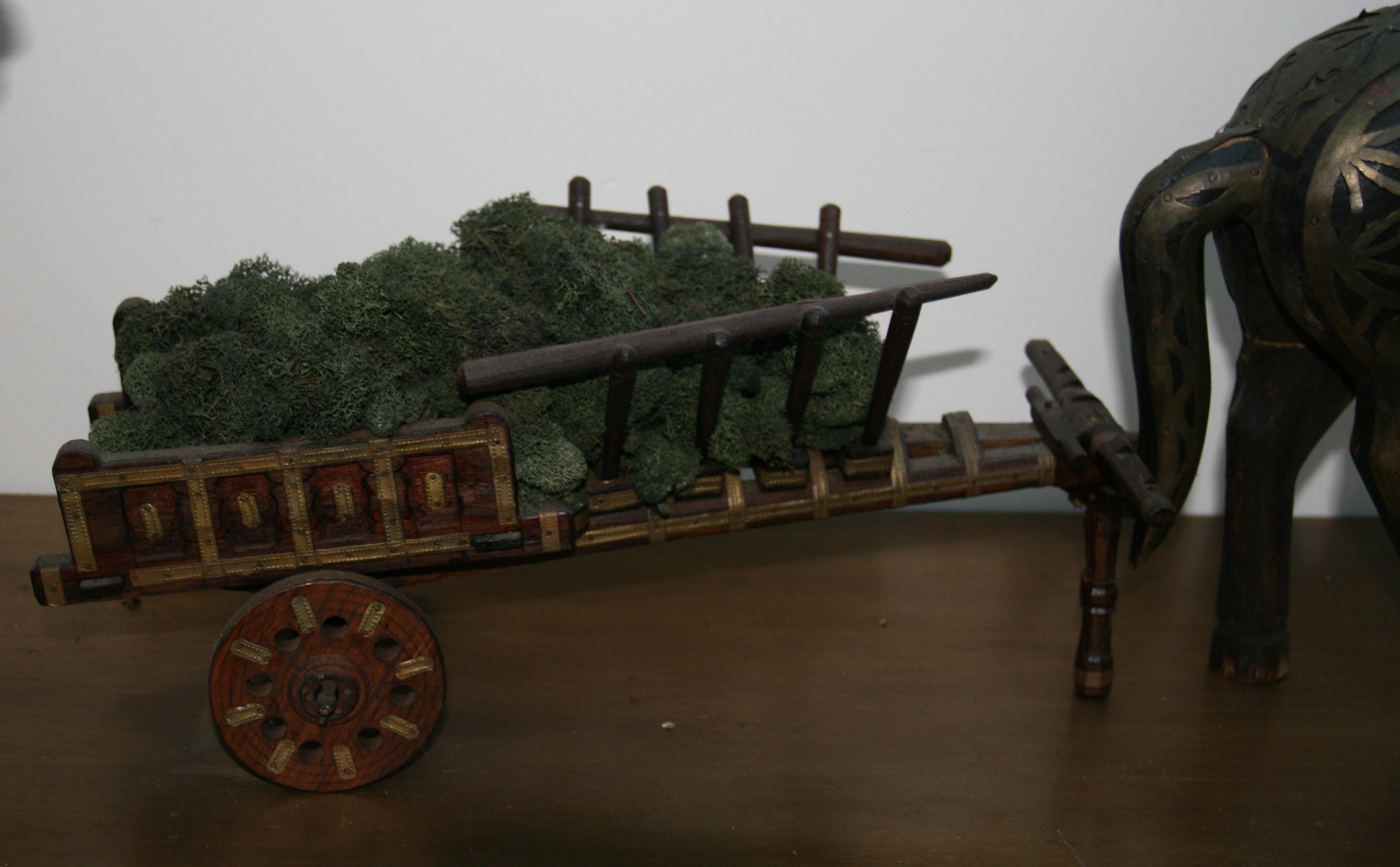 Hand-Crafted Italian Brass Covered Wood Horse and Cart For Sale