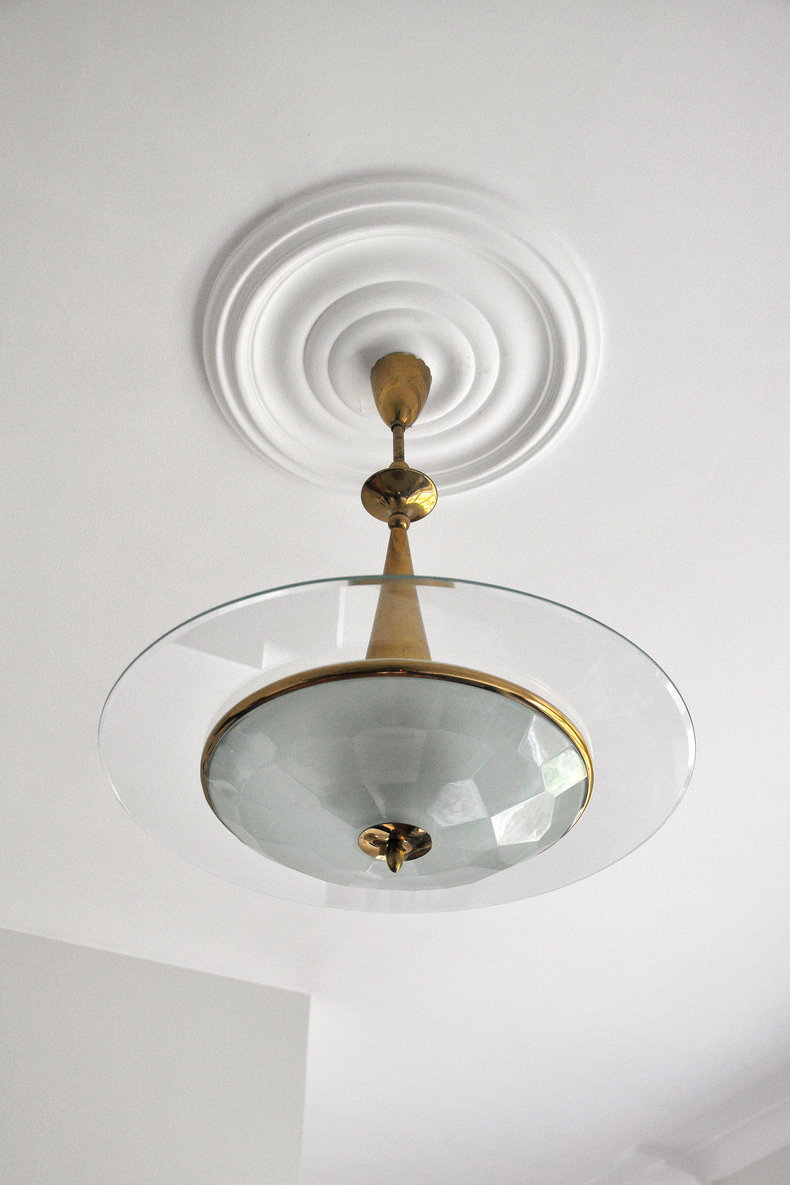 Mid-20th Century Italian Brass & Crystal Glass Ceiling Lamp from Fontana Arte, 1950s