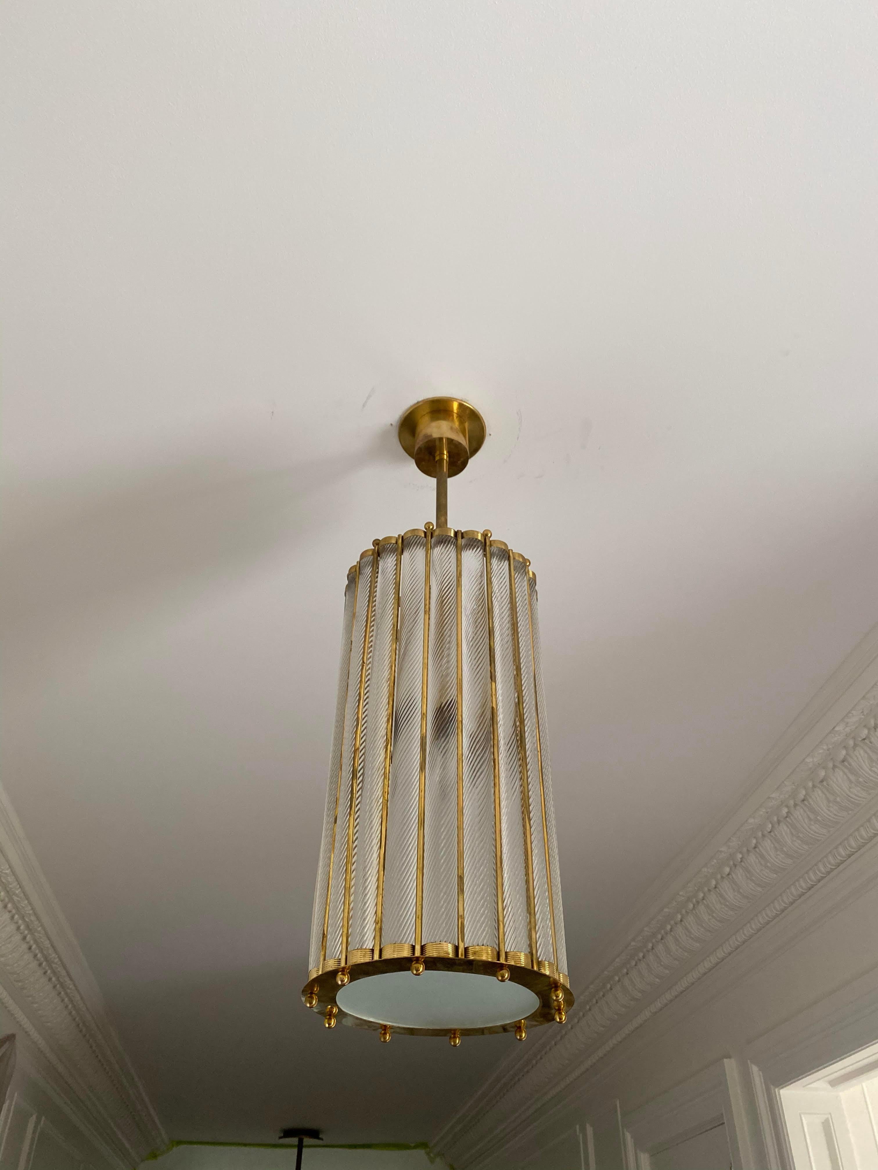 Price is per individual lantern, 1 is available now and ready to ship from NYC. Contemporary Italian Art Deco Design round lantern / chandelier, entirely handcrafted, customizable in height, diameter, and finishes, the nicely scalloped airy brass