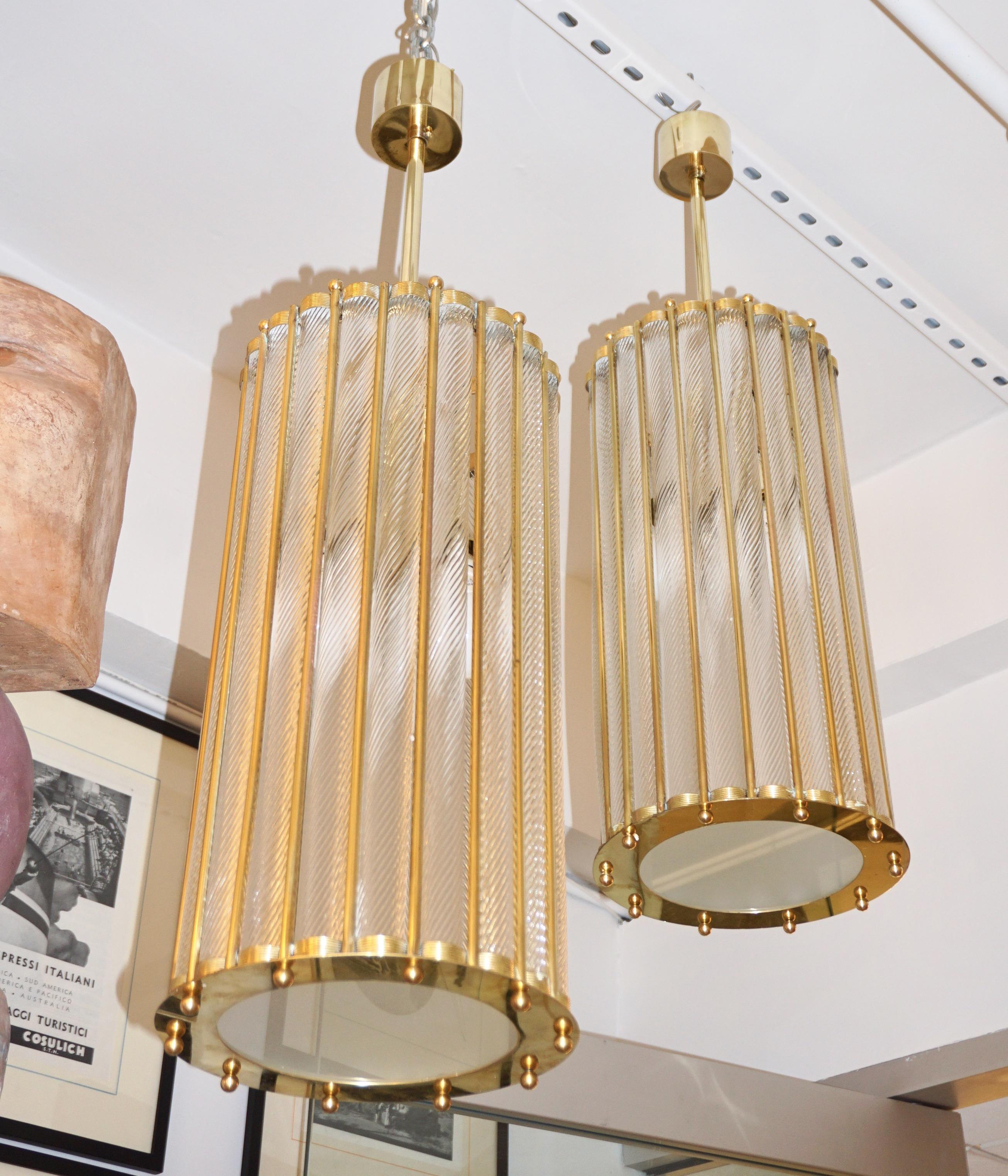 Italian Crystal Murano Glass Customizable Brass Pendant Lantern / Chandelier For Sale 5