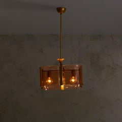 Italian Brass + Curved Amber Smoked Glass Pendant Light, 1970s