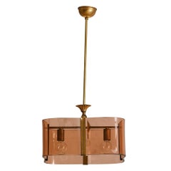 Italian Brass + Curved Amber Smoked Glass Pendant Light, 1970s