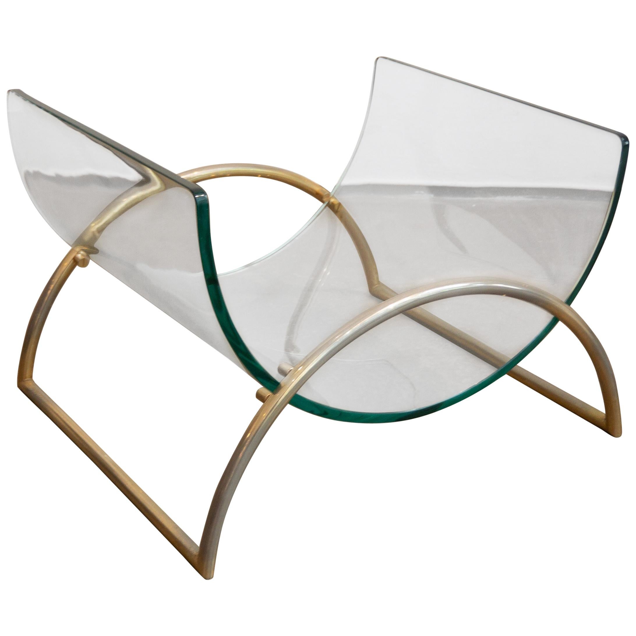 Italian Brass Curved-Glass Mid-Century Modern Magazine Rack by Gallotti & Radice