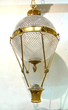 Italian Brass & Cut Glass Shade Hot Air Balloon Lantern / Pendant Light