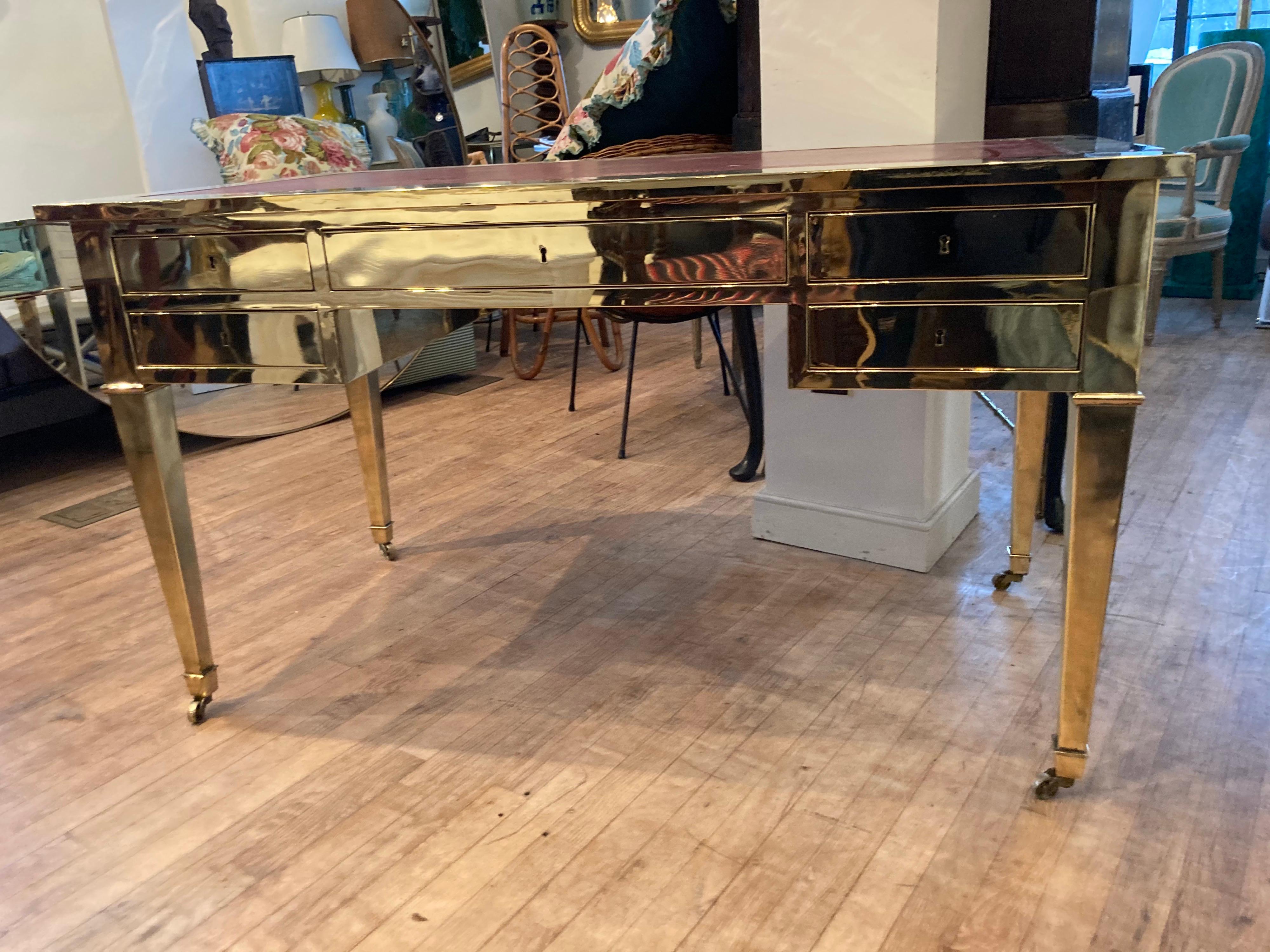 Italian Brass Desk with Leather Top In Good Condition For Sale In East Hampton, NY