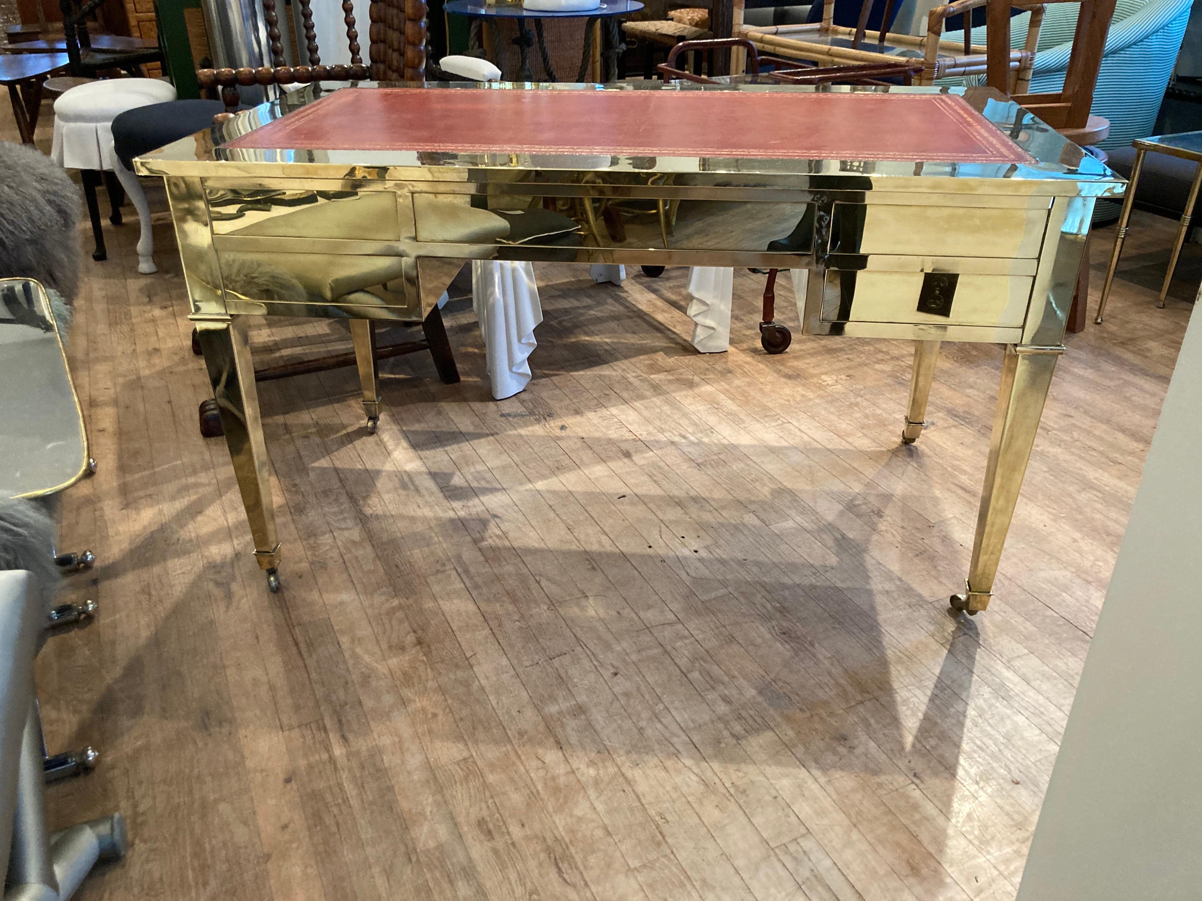 Italian Brass Desk with Leather Top For Sale 1