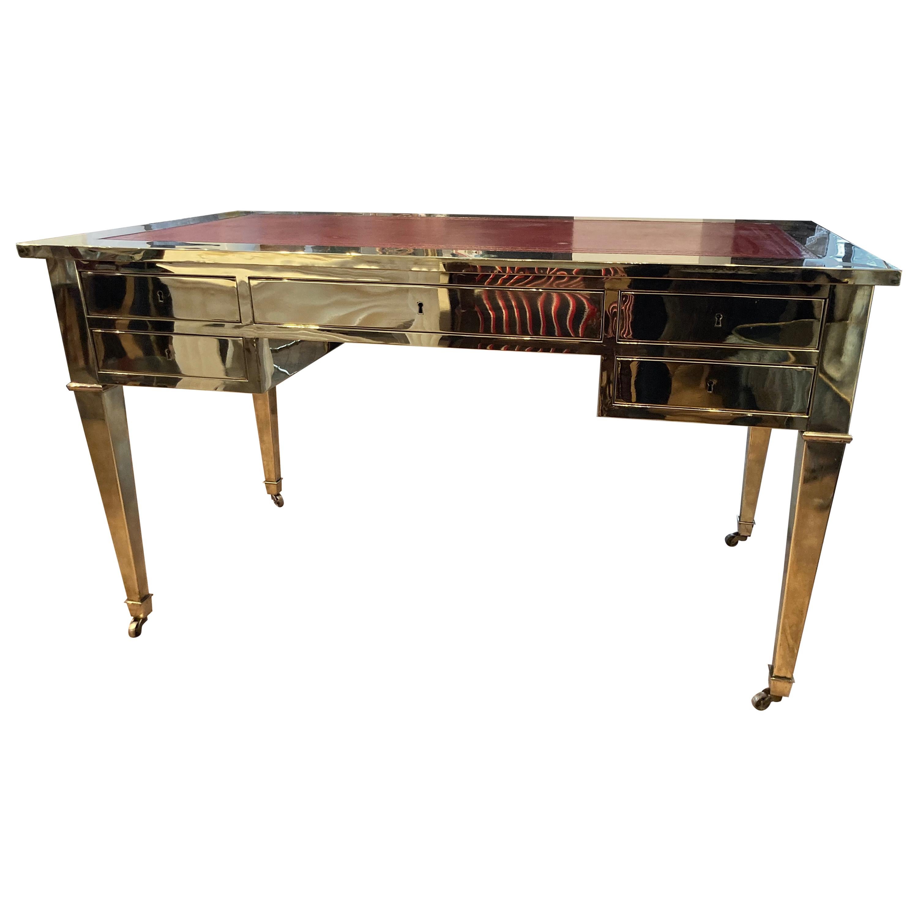 Italian Brass Desk with Leather Top For Sale