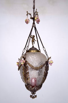 Italian Brass, etched glass and capodimonte flowers Lantern from 50s