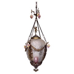 Italian Brass, etched glass and capodimonte flowers Lantern from 50s