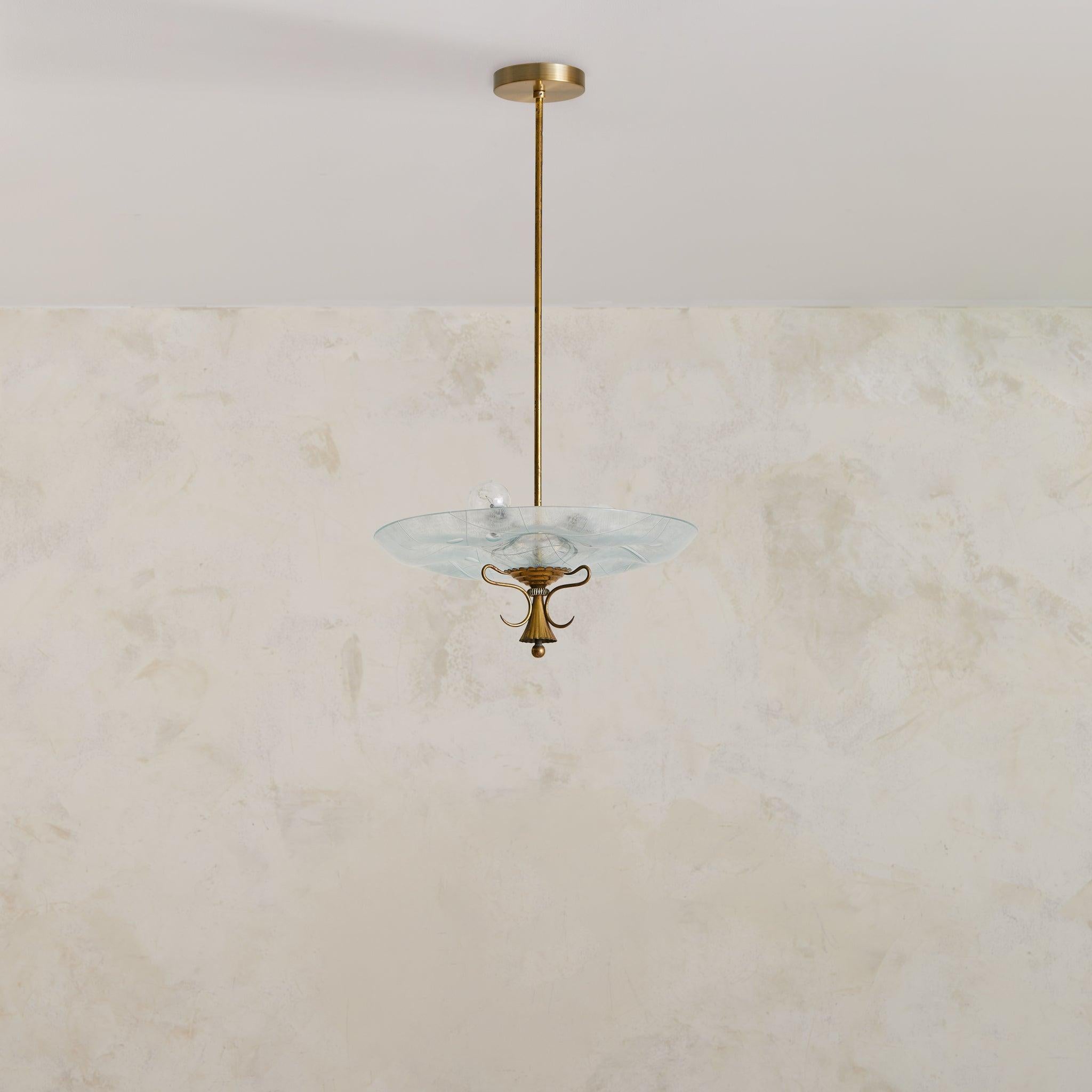 Moderne Italian Brass + Etched Glass Pendant in the Manner of Pietro Chiesa, 1950s en vente