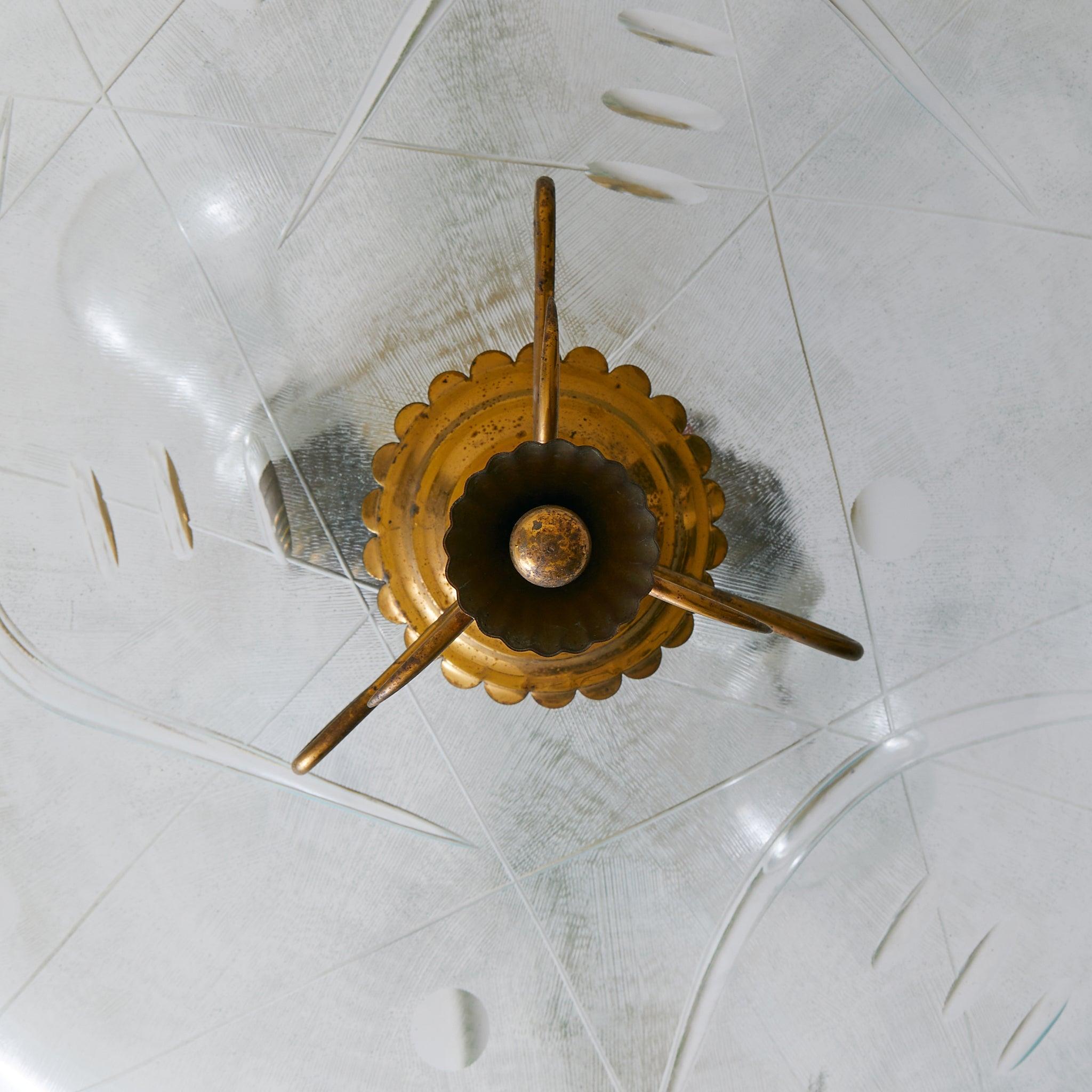 Italian Brass + Etched Glass Pendant in the Manner of Pietro Chiesa, 1950s Bon état - En vente à Chicago, IL