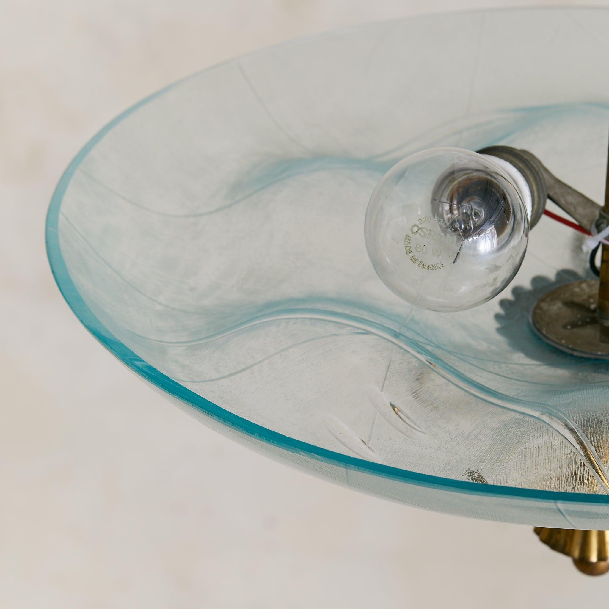 Milieu du XXe siècle Italian Brass + Etched Glass Pendant in the Manner of Pietro Chiesa, 1950s en vente