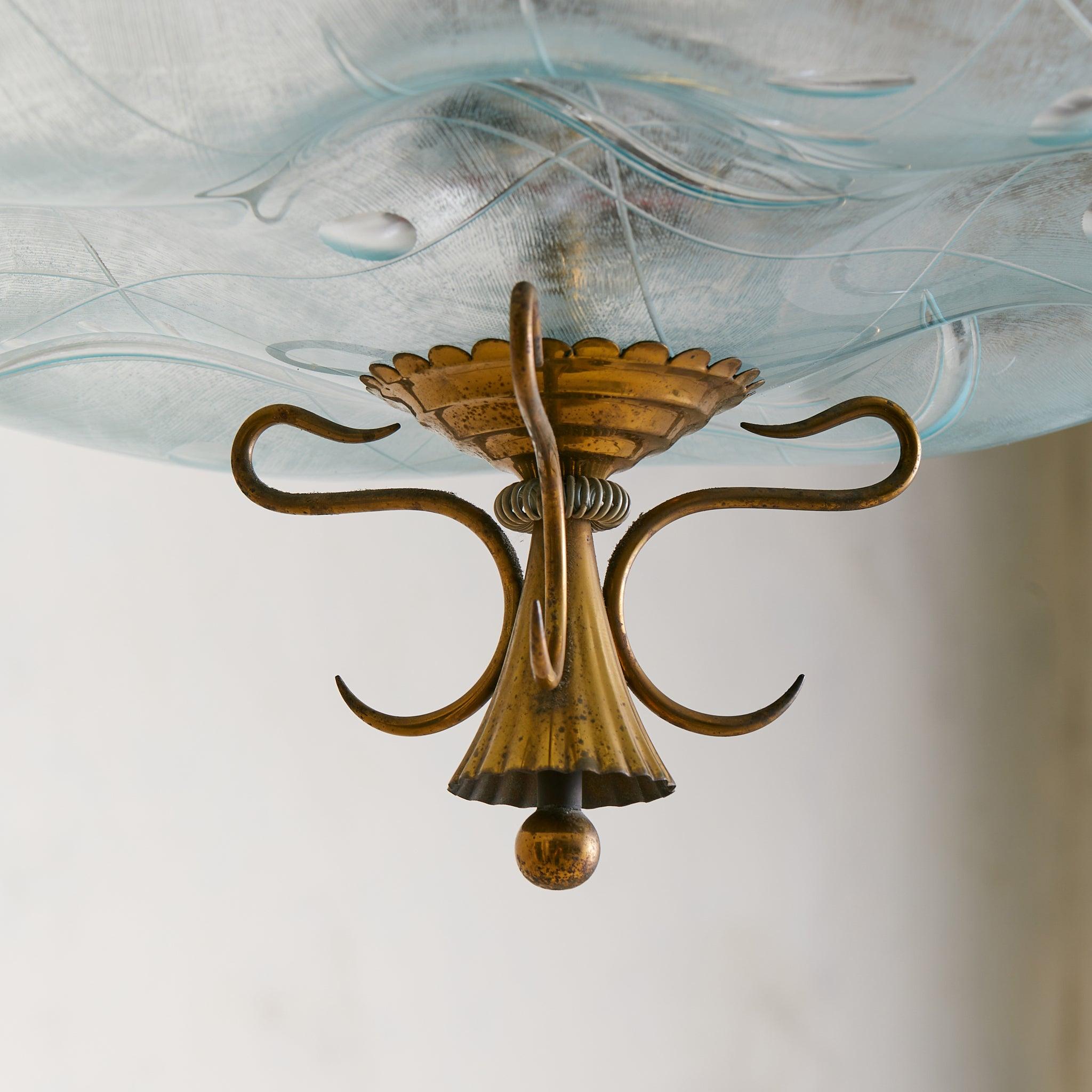 Italian Brass + Etched Glass Pendant in the Manner of Pietro Chiesa, 1950s en vente 1
