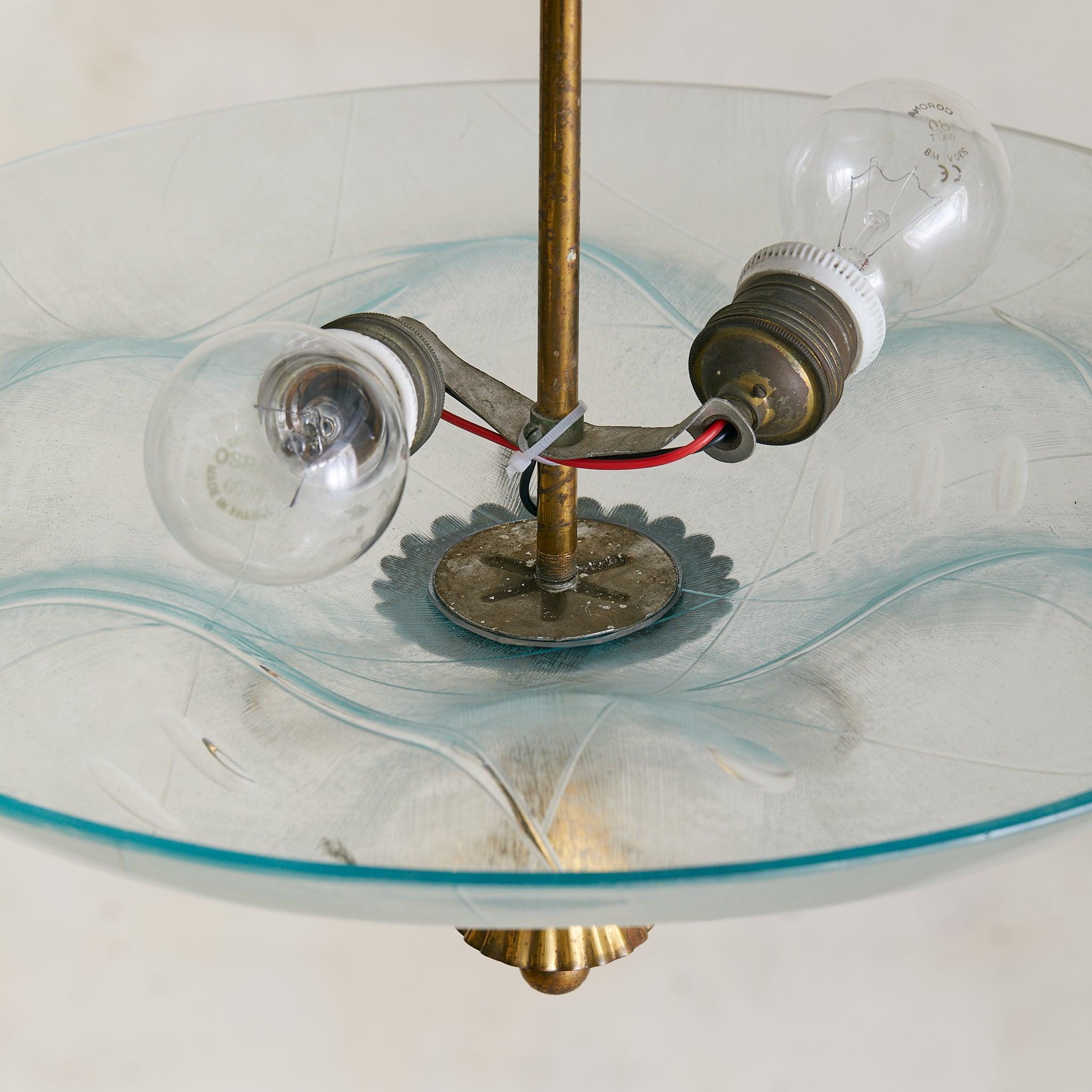 Italian Brass + Etched Glass Pendant in the Manner of Pietro Chiesa, 1950s en vente 2