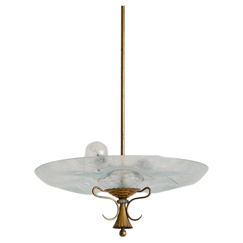 Italian Brass + Etched Glass Pendant in the Manner of Pietro Chiesa, 1950s