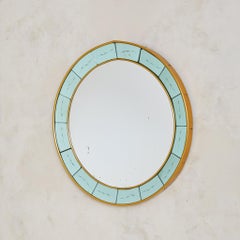 Italian Brass + Etched Glass Round Wall Mirror Attributed to Cristal Arte, 1960s