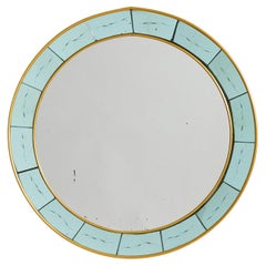 Italian Brass + Etched Glass Round Wall Mirror Attributed to Cristal Arte, 1960s