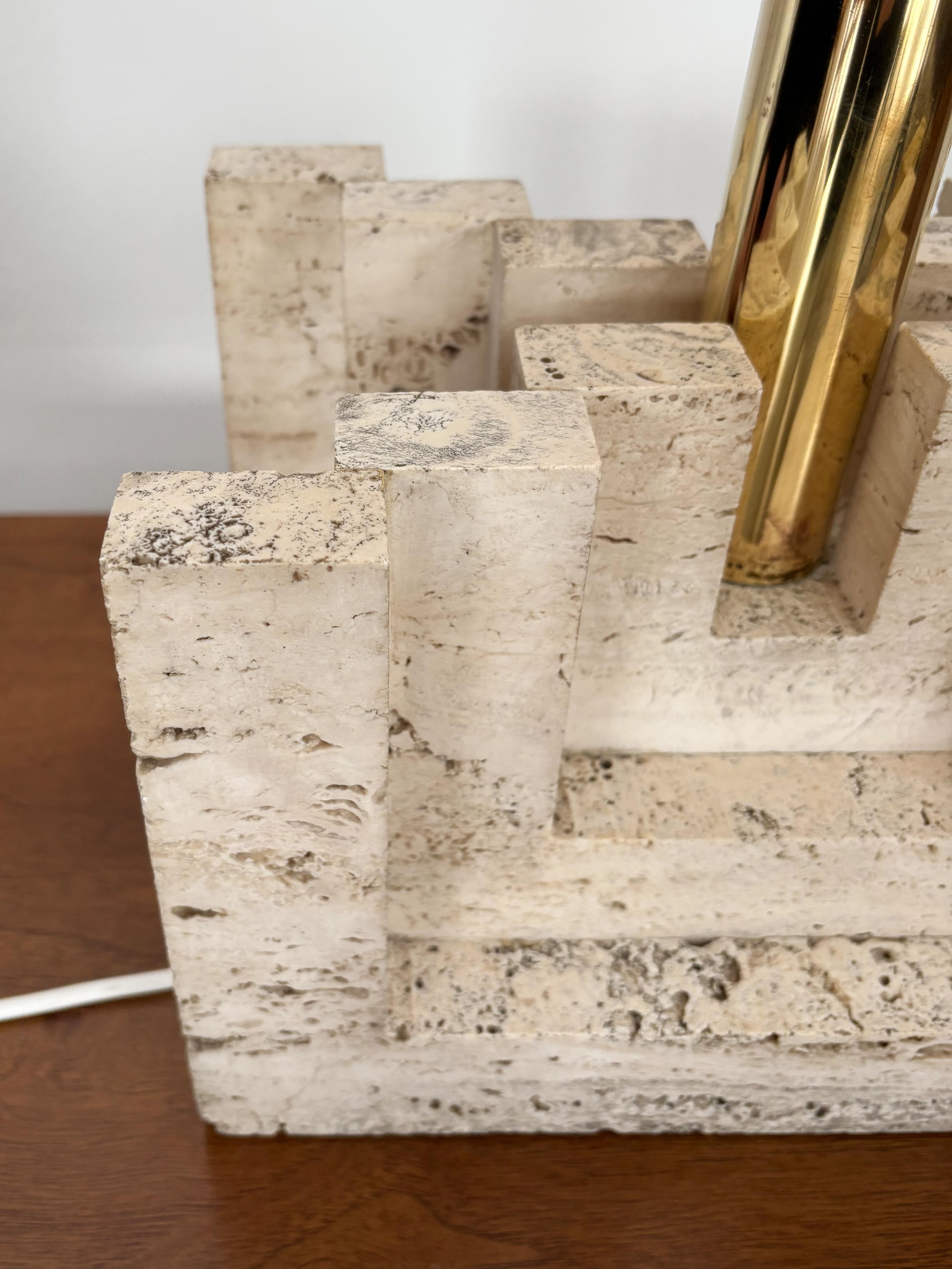 Italian Brass Fabric Travertine Lampshade Table Lamp 1970s For Sale 6
