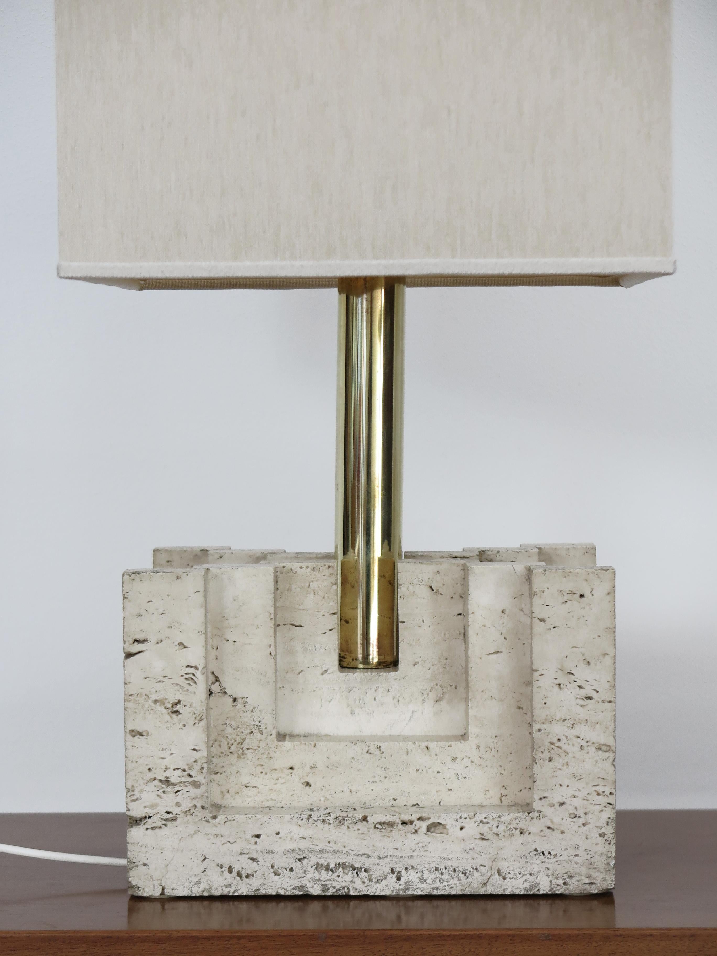 Italian Brass Fabric Travertine Lampshade Table Lamp 1970s For Sale 9