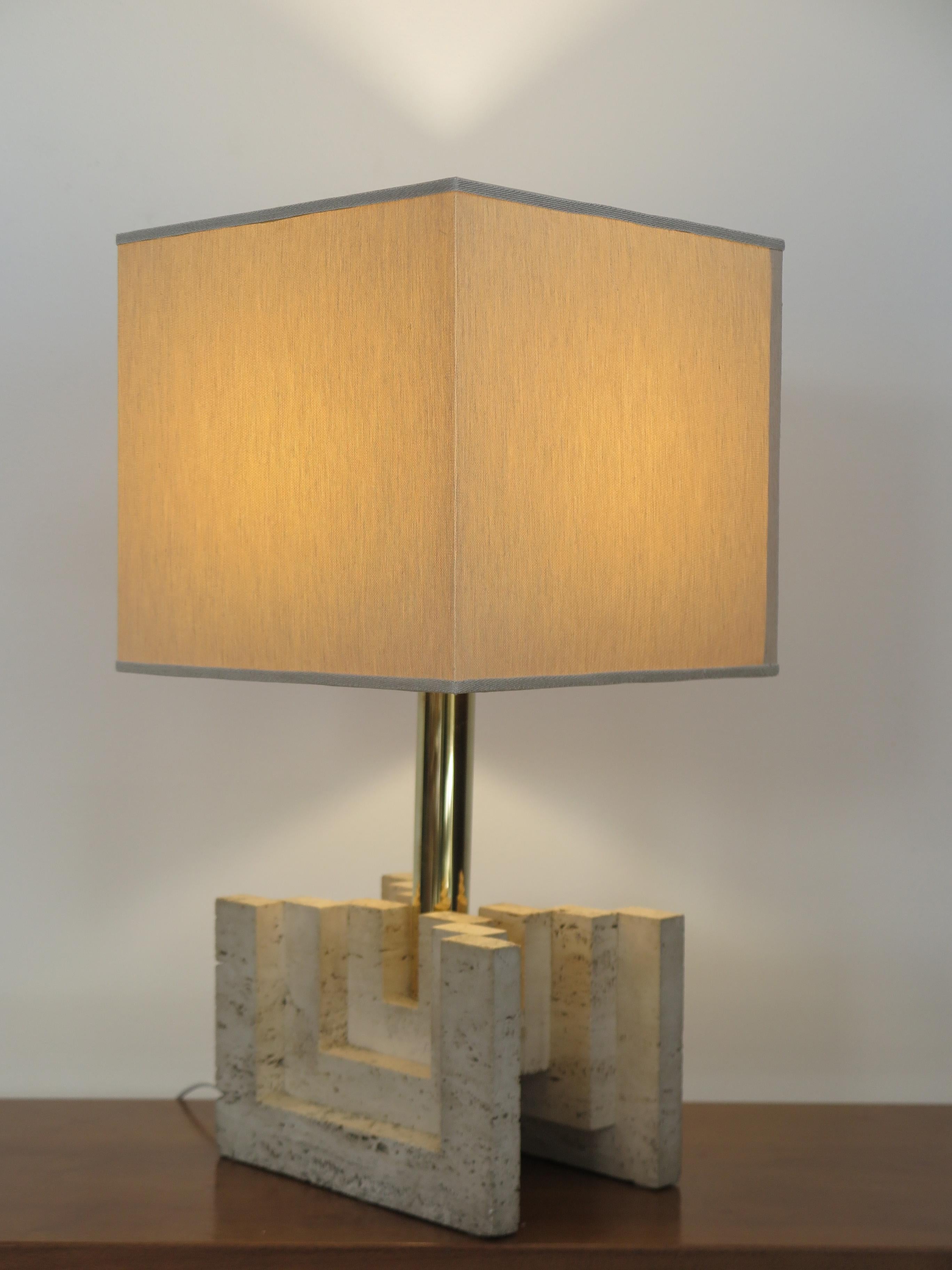 Post-Modern Italian Brass Fabric Travertine Lampshade Table Lamp 1970s For Sale