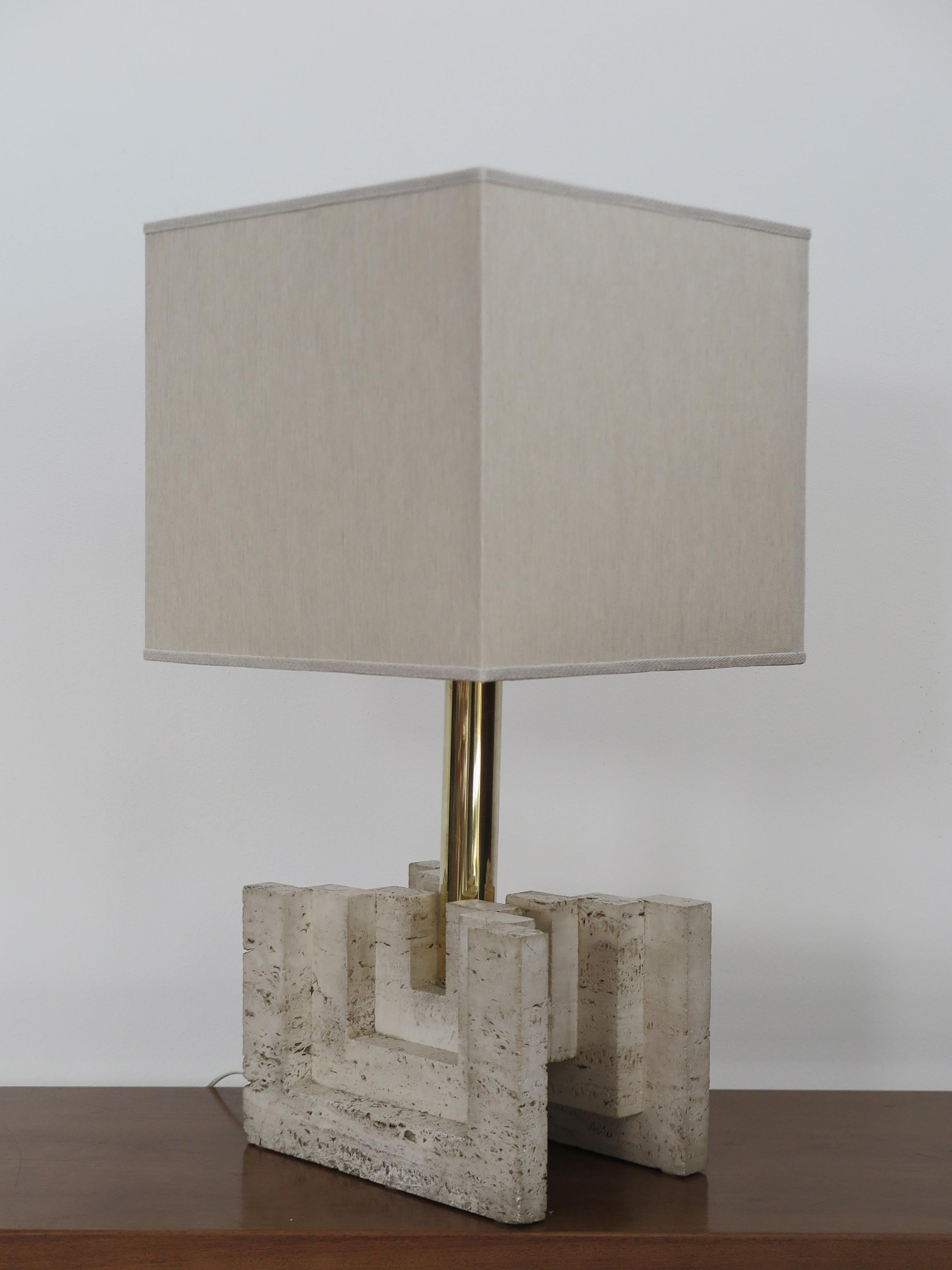 Late 20th Century Italian Brass Fabric Travertine Lampshade Table Lamp 1970s For Sale