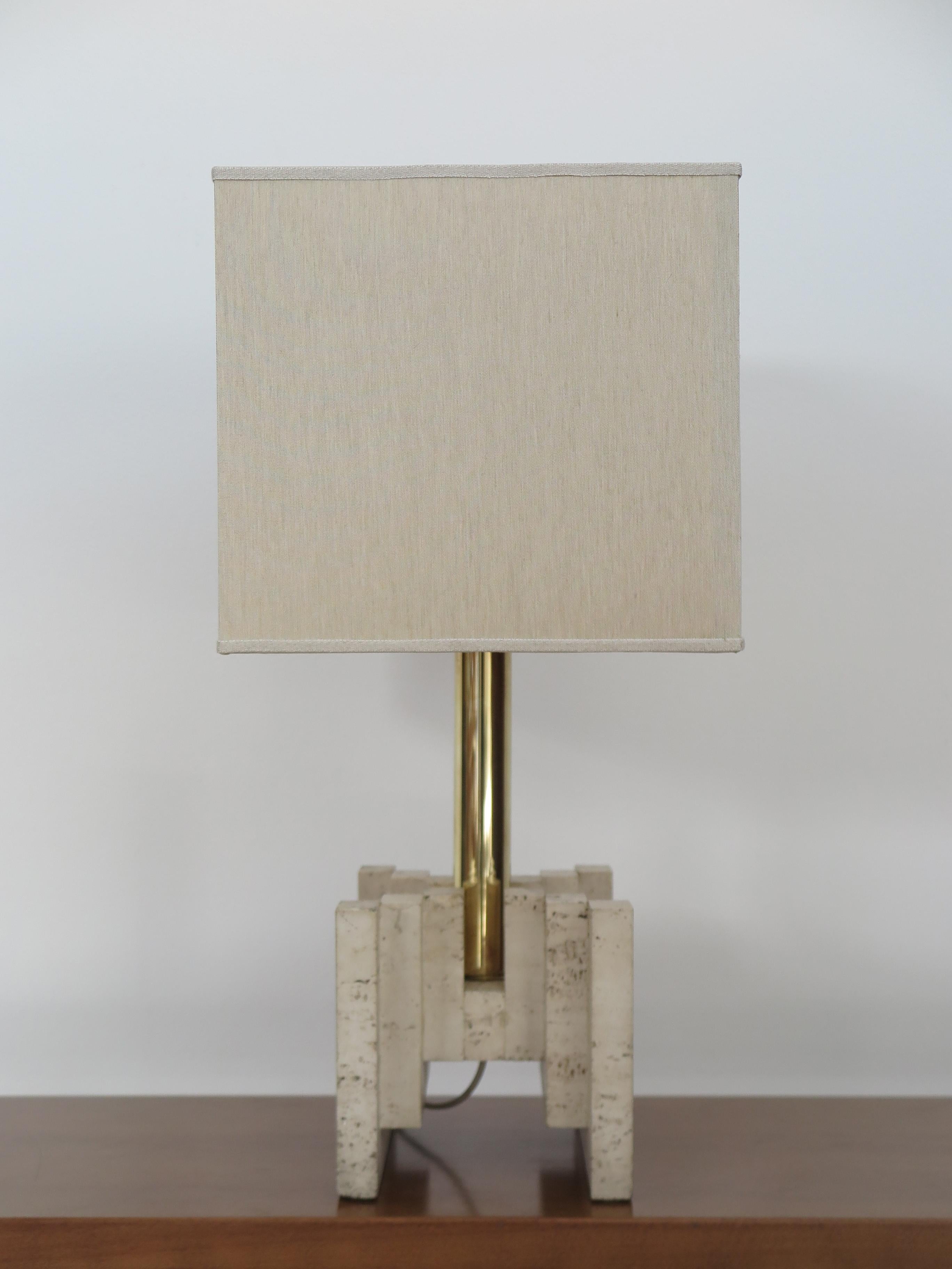 Italian Brass Fabric Travertine Lampshade Table Lamp 1970s For Sale 1