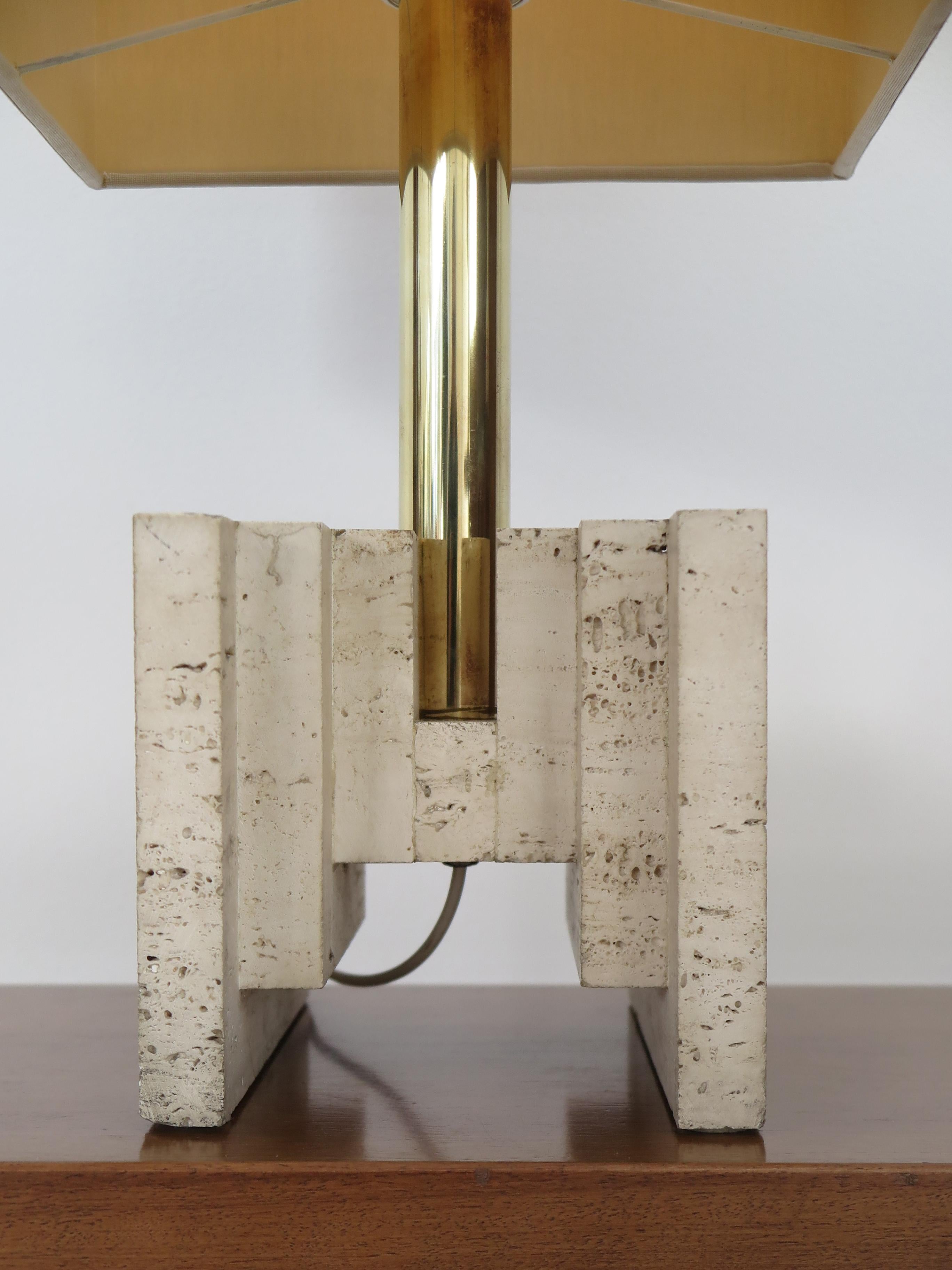 Italian Brass Fabric Travertine Lampshade Table Lamp 1970s For Sale 2