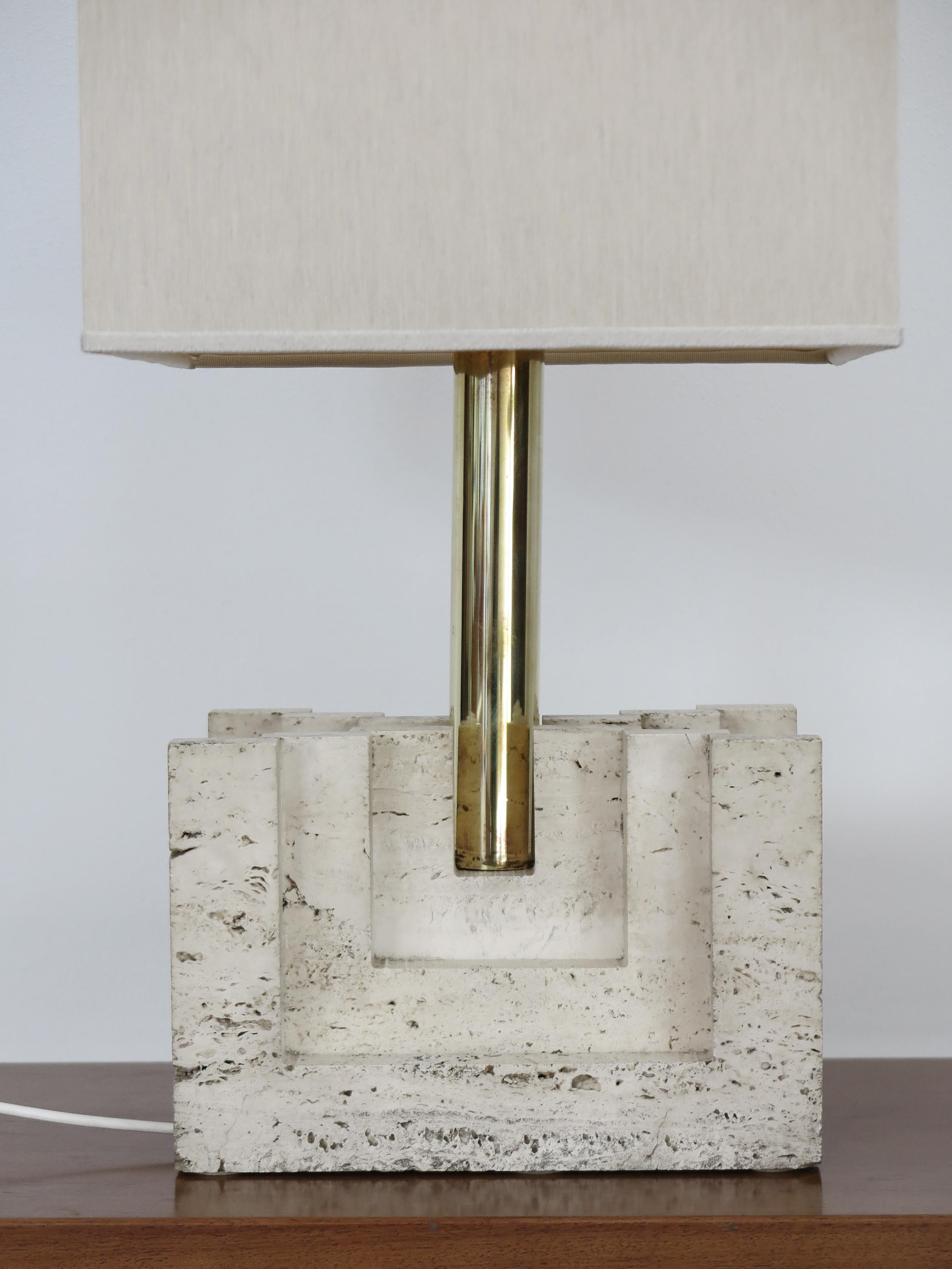Italian Brass Fabric Travertine Lampshade Table Lamp 1970s For Sale 3