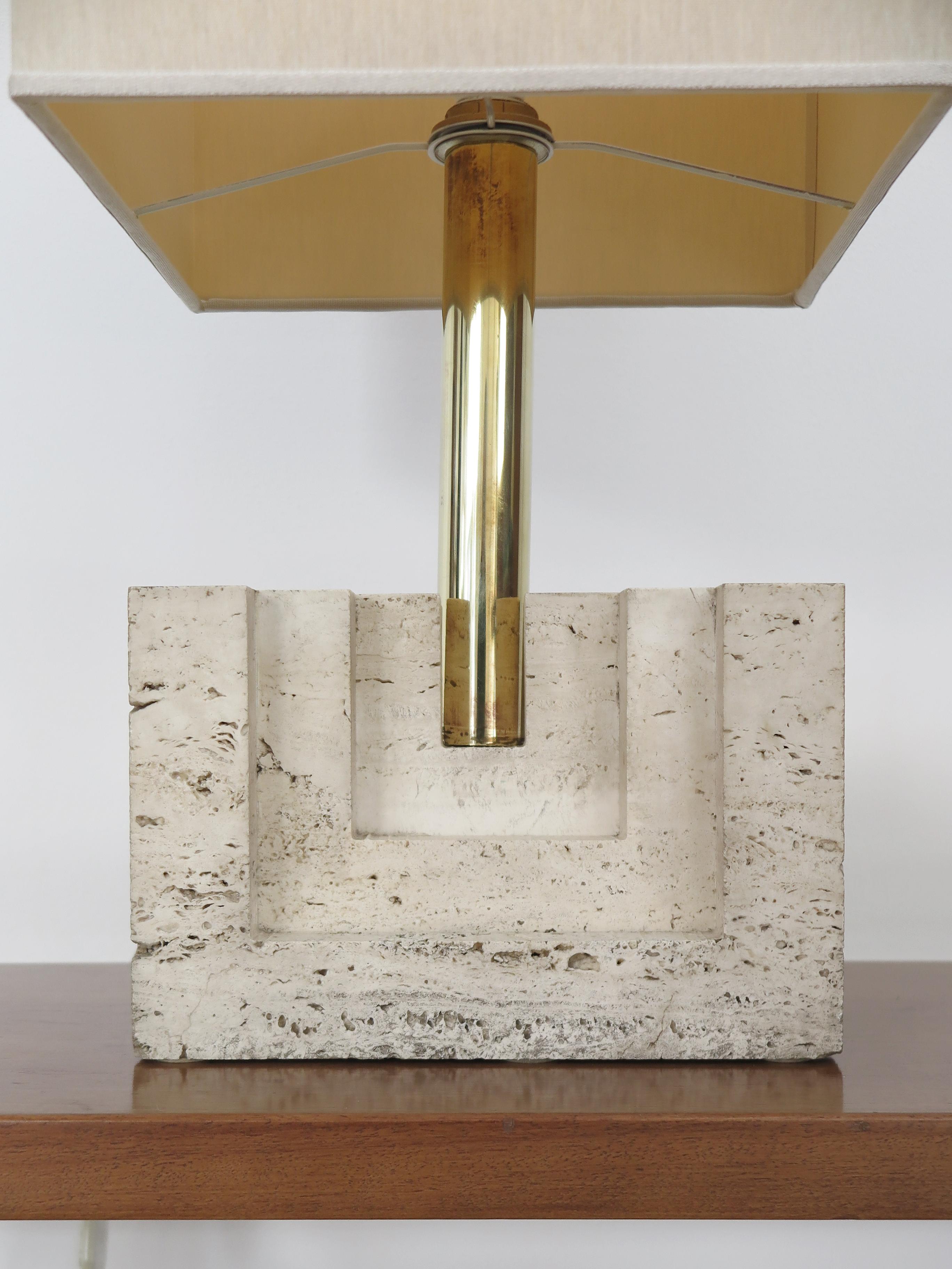 Italian Brass Fabric Travertine Lampshade Table Lamp 1970s For Sale 4