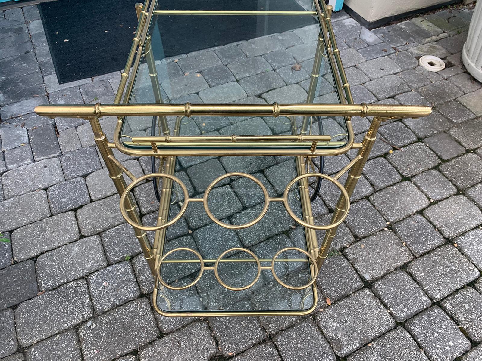 Italian Brass Faux Bamboo Bar Cart with Bottle Carriers, circa 1970s 6