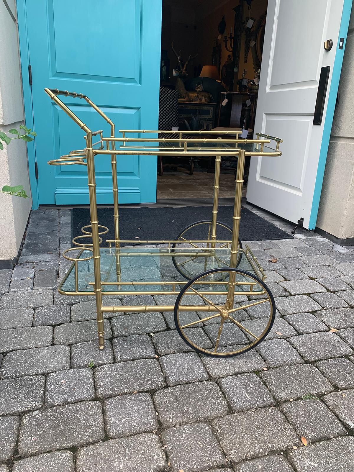 Italian Brass Faux Bamboo Bar Cart with Bottle Carriers, circa 1970s In Good Condition In Atlanta, GA