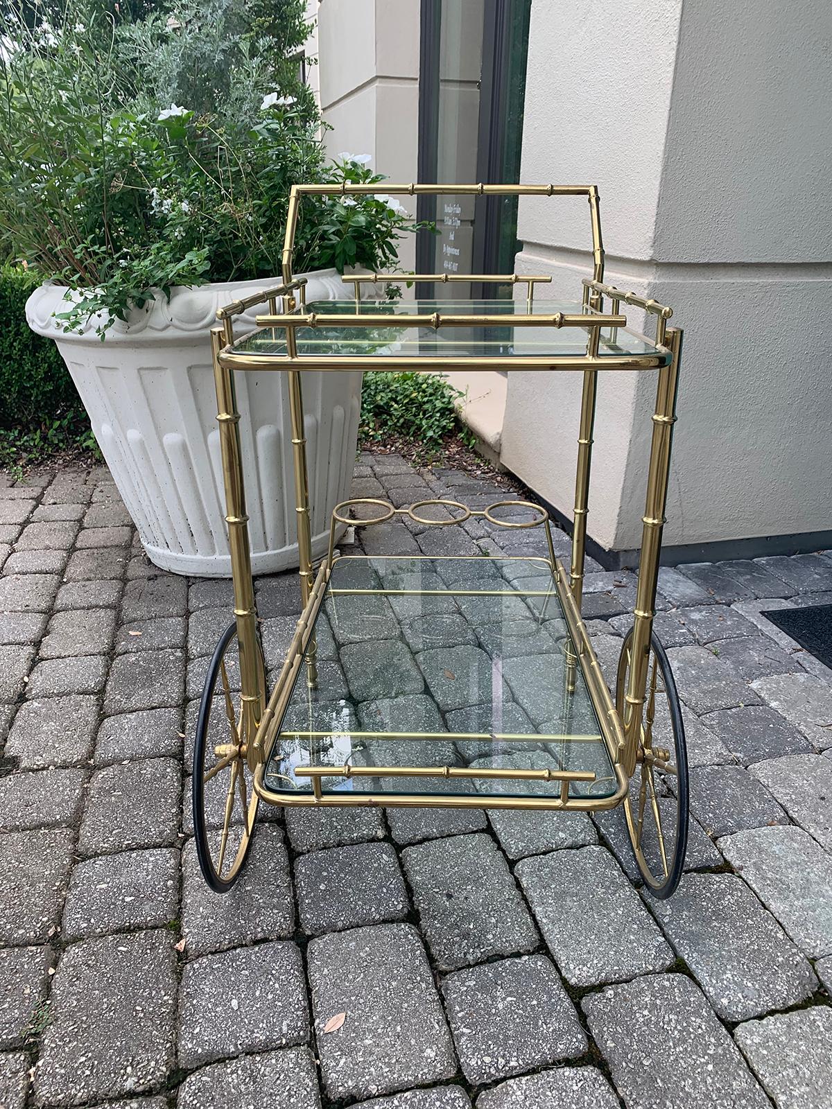 20th Century Italian Brass Faux Bamboo Bar Cart with Bottle Carriers, circa 1970s