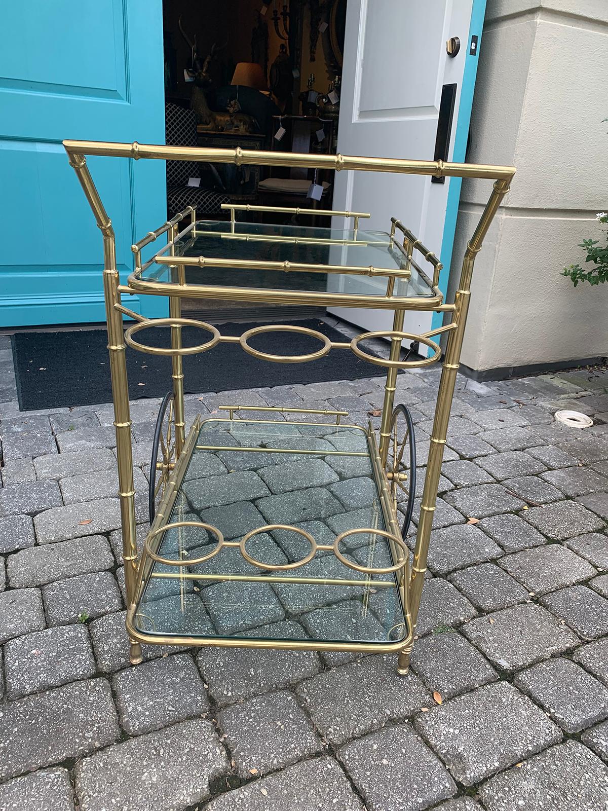 Italian Brass Faux Bamboo Bar Cart with Bottle Carriers, circa 1970s 1